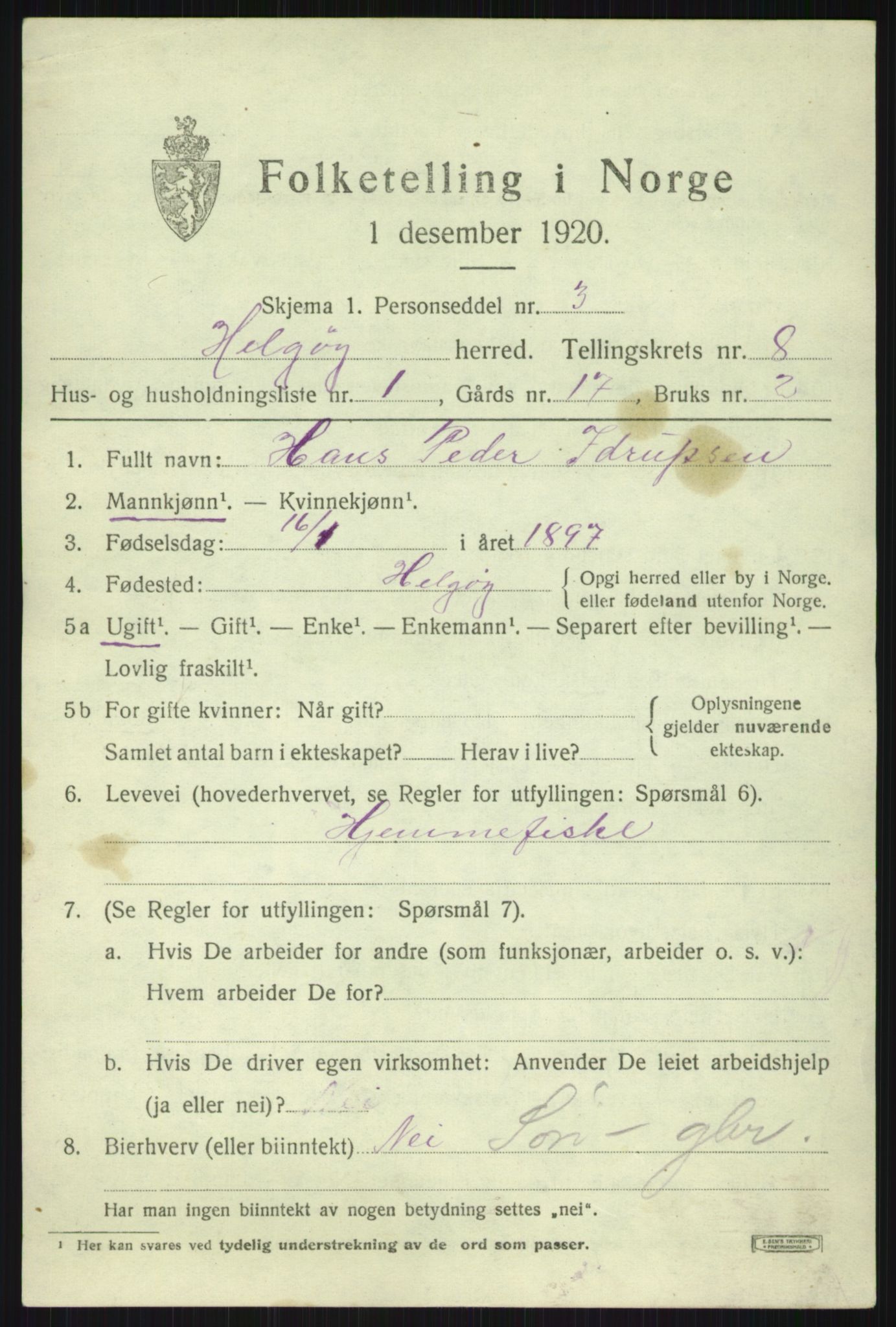 SATØ, 1920 census for Helgøy, 1920, p. 2784