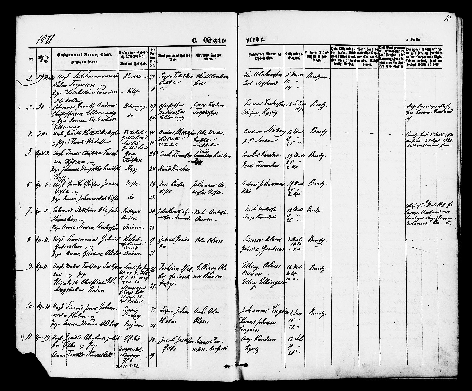 Hetland sokneprestkontor, SAST/A-101826/30/30BA/L0005: Parish register (official) no. A 5, 1869-1884, p. 10