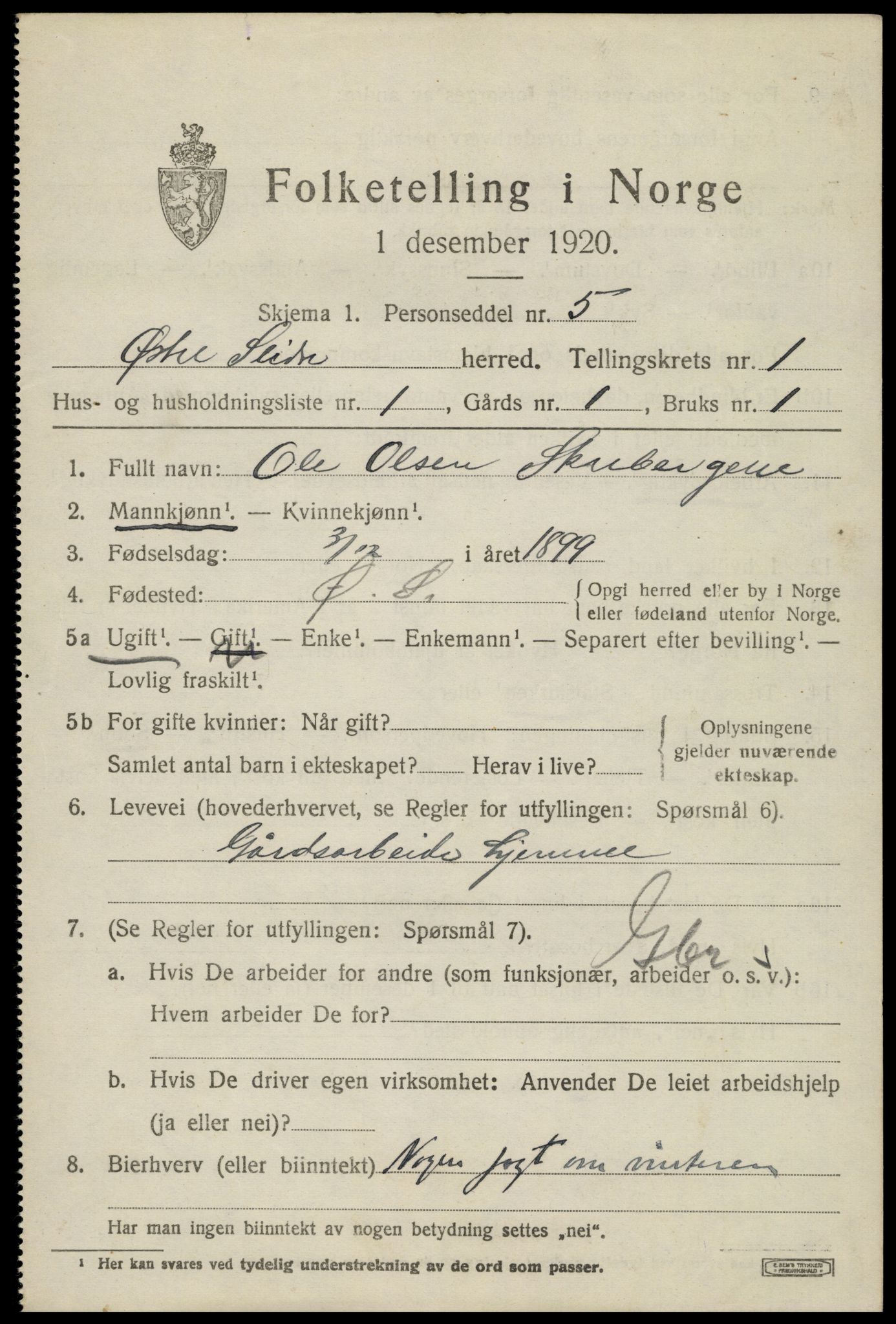 SAH, 1920 census for Øystre Slidre, 1920, p. 1011