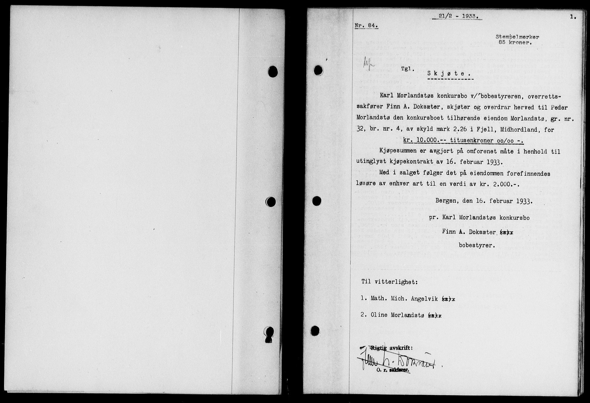 Midhordland sorenskriveri, AV/SAB-A-3001/1/G/Gb/Gbb/L0039: Mortgage book no. II.B.b.39, 1933-1933, p. 1