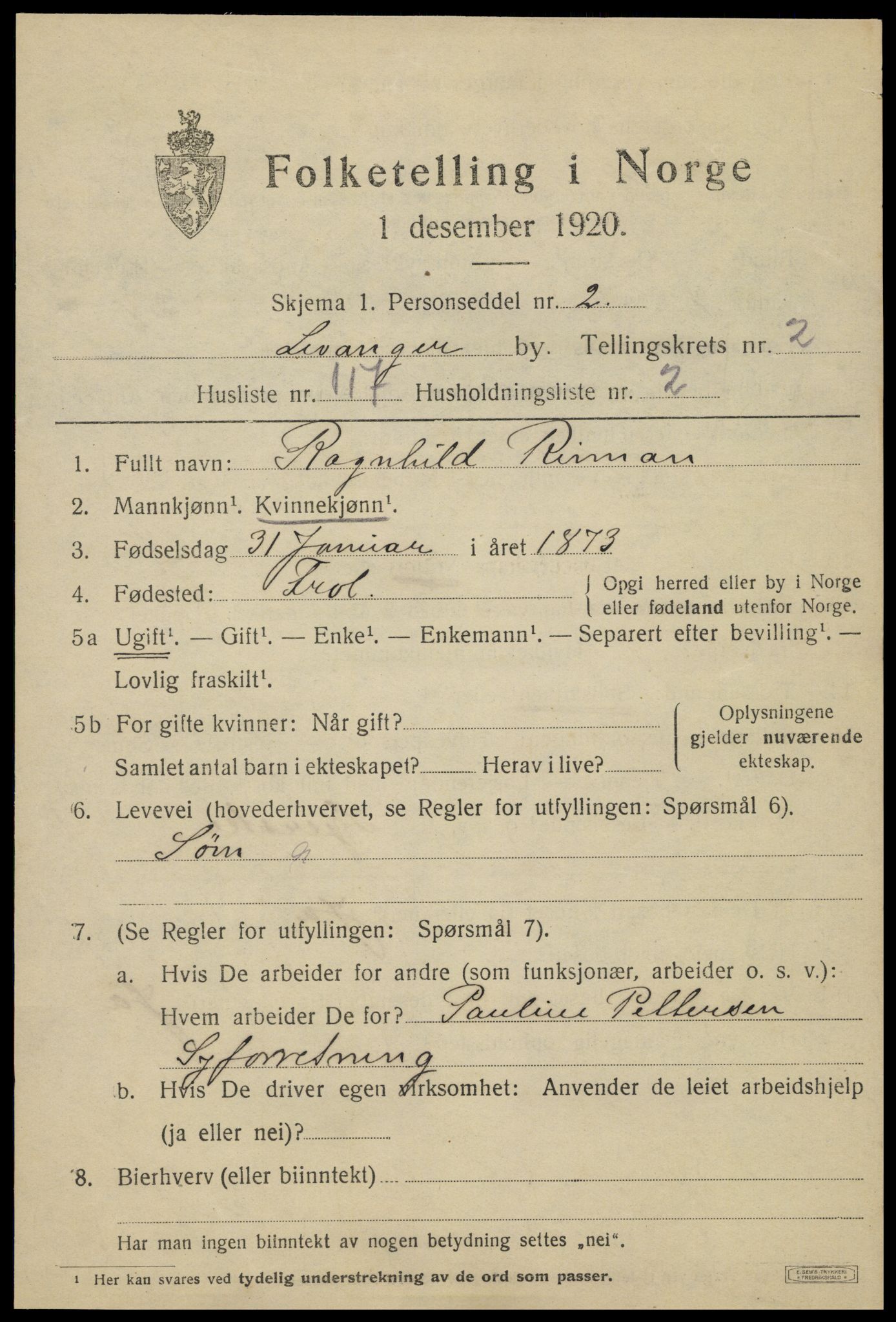 SAT, 1920 census for Levanger town, 1920, p. 4980