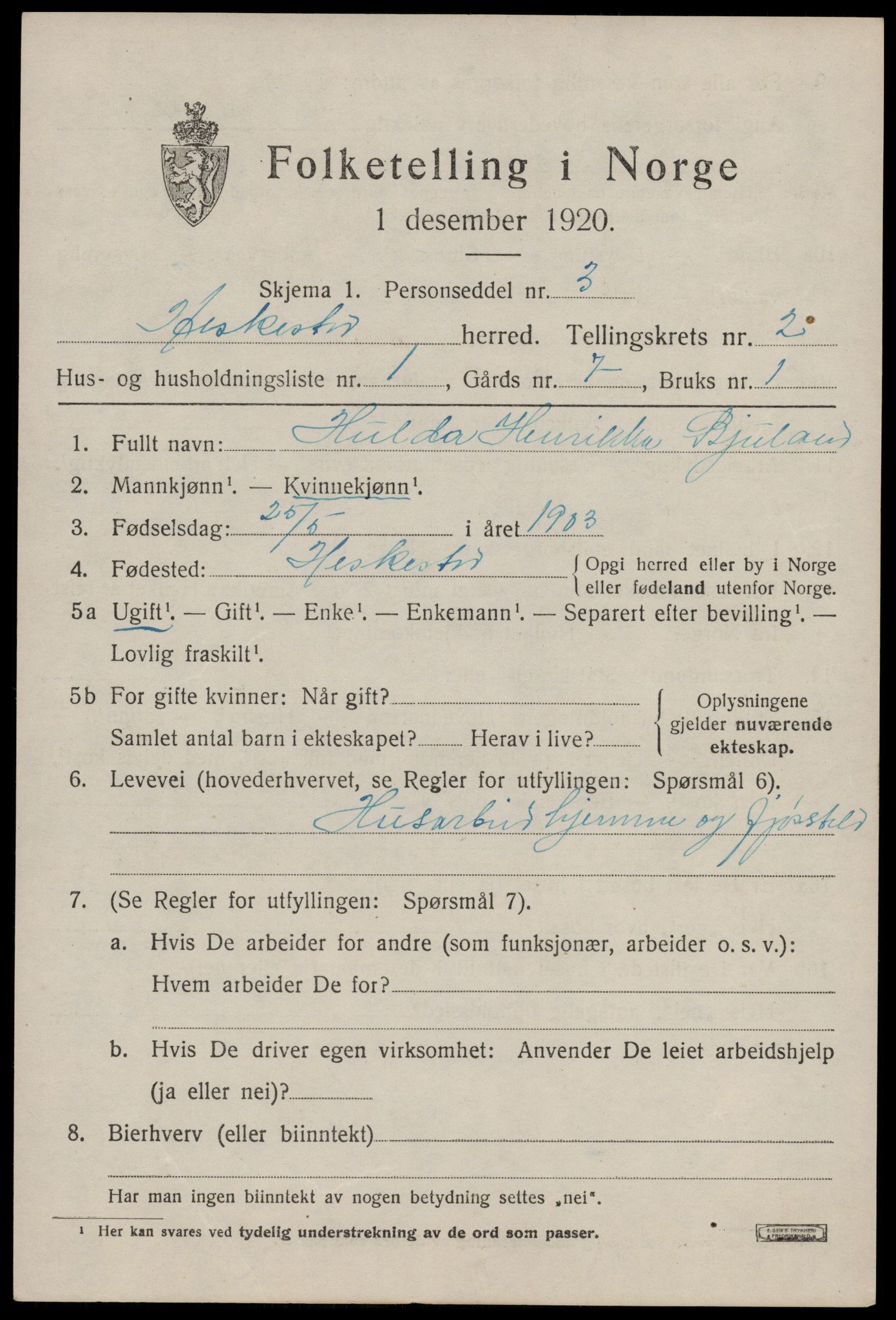 SAST, 1920 census for Heskestad, 1920, p. 605