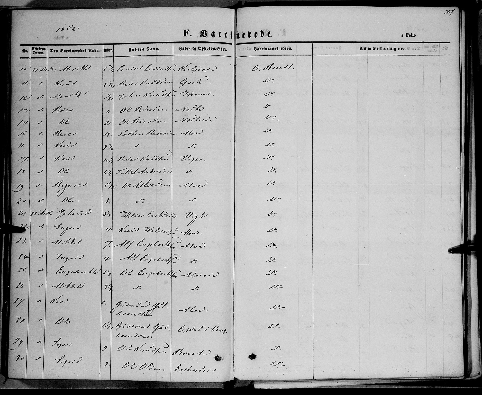 Vestre Slidre prestekontor, SAH/PREST-136/H/Ha/Haa/L0001: Parish register (official) no. 1, 1844-1855, p. 257