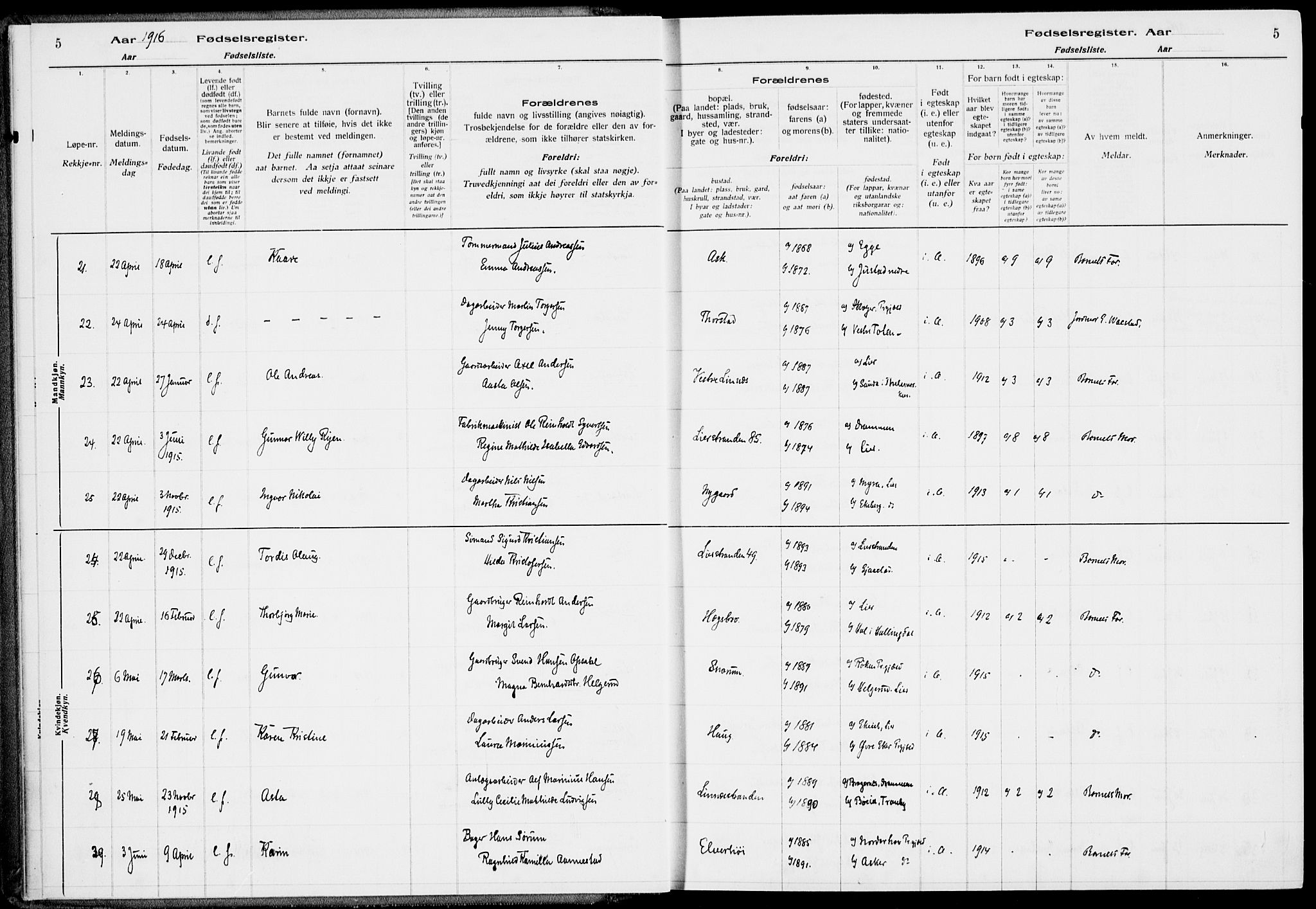 Lier kirkebøker, AV/SAKO-A-230/J/Ja/L0001: Birth register no. 1, 1916-1928, p. 5