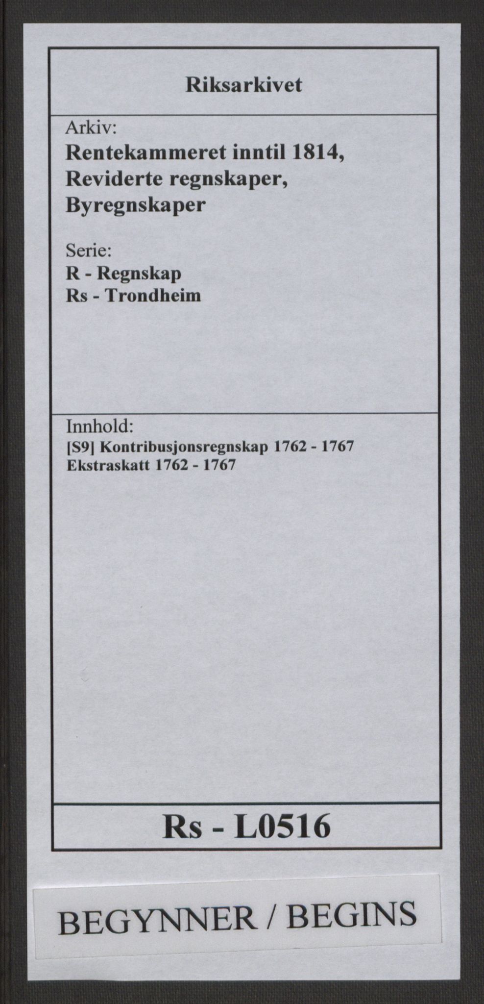 Rentekammeret inntil 1814, Reviderte regnskaper, Byregnskaper, RA/EA-4066/R/Rs/L0516/0001: [S9] Kontribusjonsregnskap / Ekstraskatt, 1762-1767, p. 1