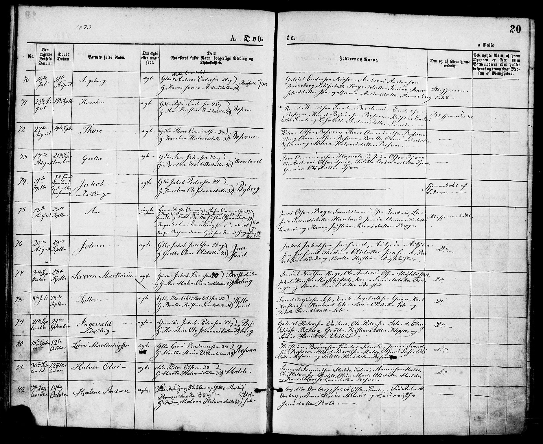 Håland sokneprestkontor, AV/SAST-A-101802/001/30BA/L0009: Parish register (official) no. A 8, 1871-1882, p. 20