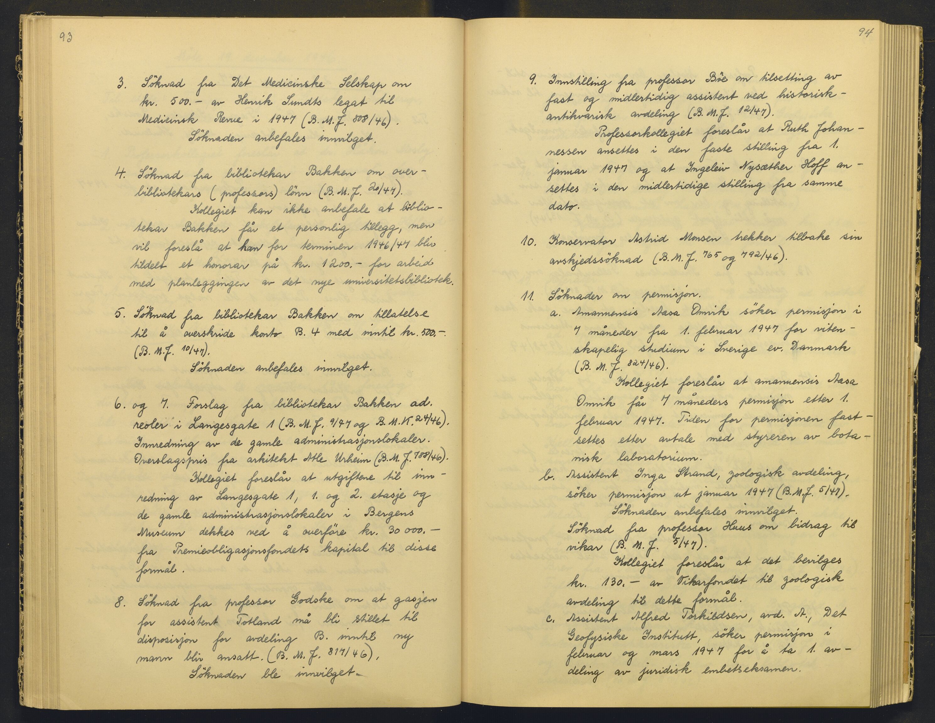 Bergens Museum, AV/SAB-A-17301/18/A/L0004: Professorkollegiets møtebok med register , 1945-1949, p. 93-94
