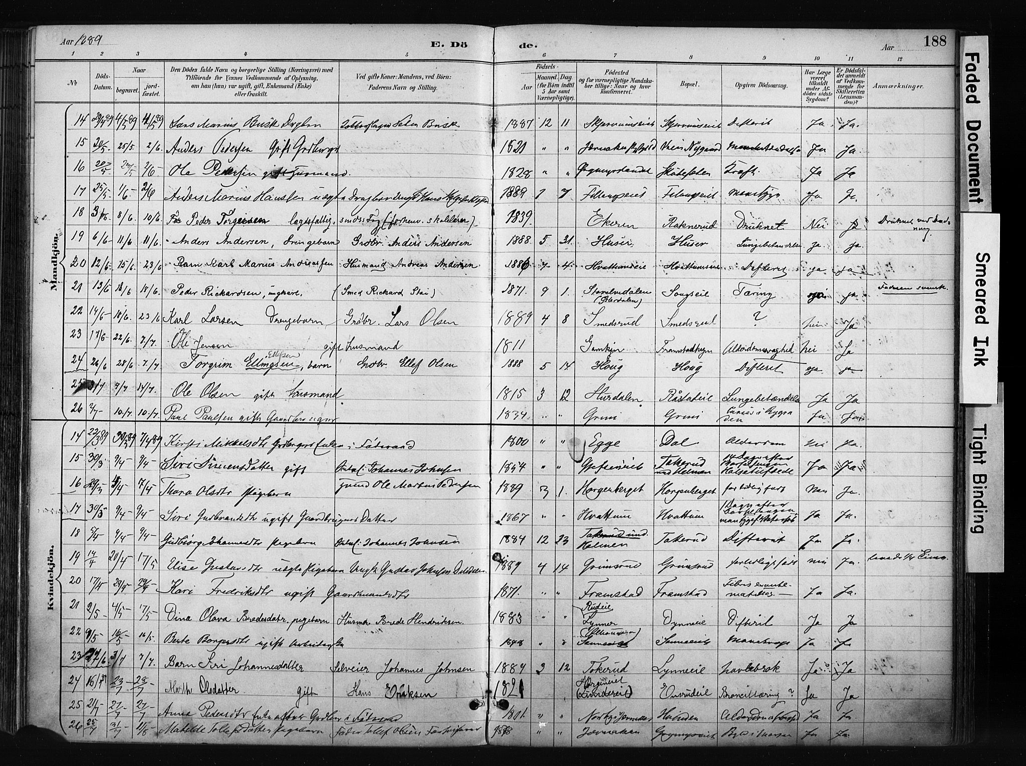Gran prestekontor, SAH/PREST-112/H/Ha/Haa/L0017: Parish register (official) no. 17, 1889-1897, p. 188