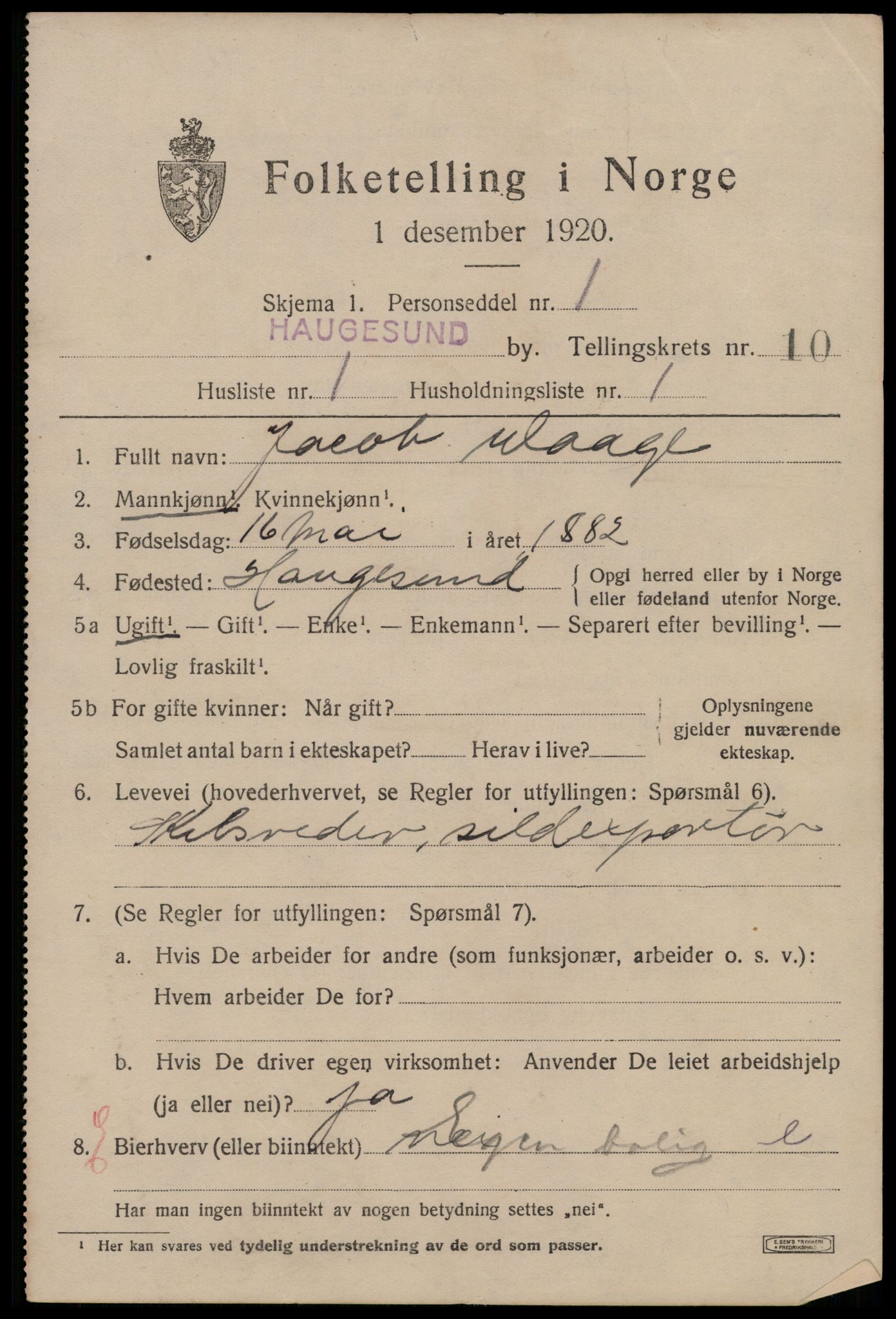 SAST, 1920 census for Haugesund, 1920, p. 33749