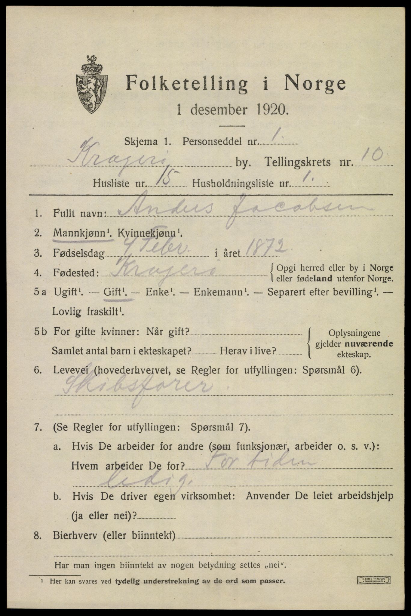 SAKO, 1920 census for Kragerø, 1920, p. 13163