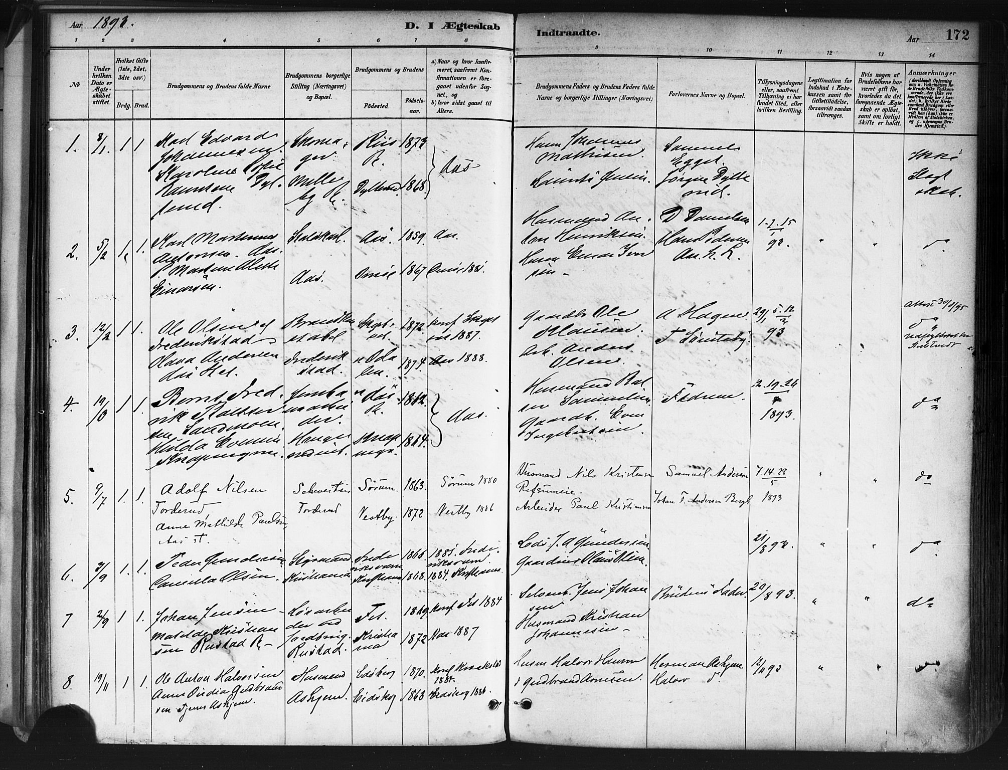 Ås prestekontor Kirkebøker, AV/SAO-A-10894/F/Fa/L0009: Parish register (official) no. I 9, 1881-1900, p. 172