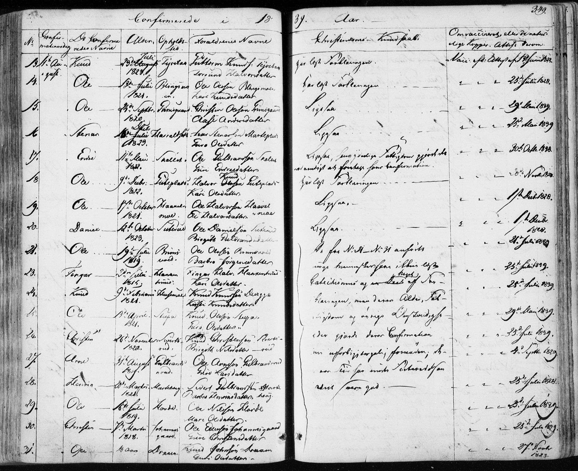 Nes kirkebøker, SAKO/A-236/F/Fa/L0009: Parish register (official) no. 9, 1834-1863, p. 349