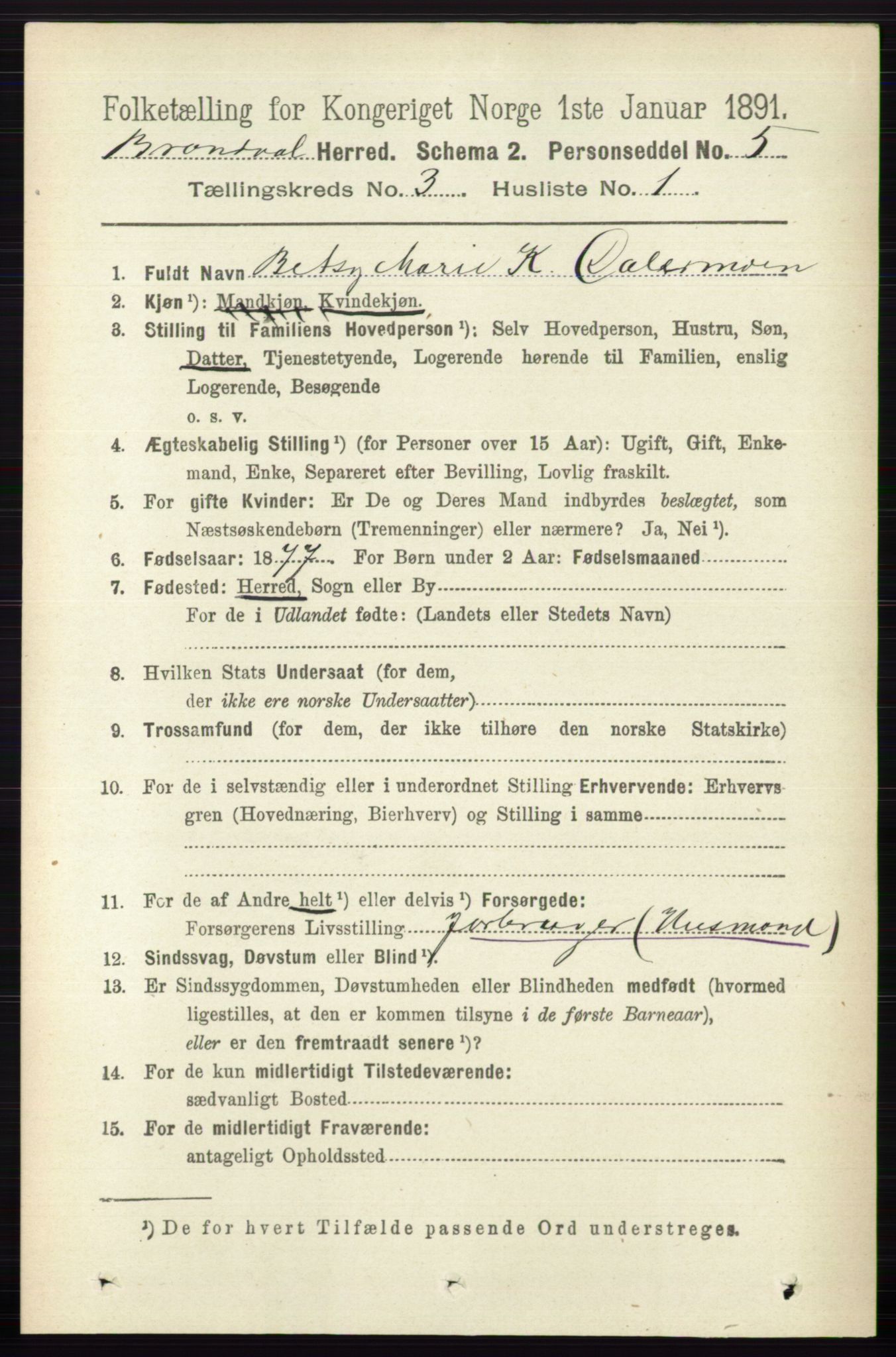 RA, 1891 census for 0422 Brandval, 1891, p. 1237