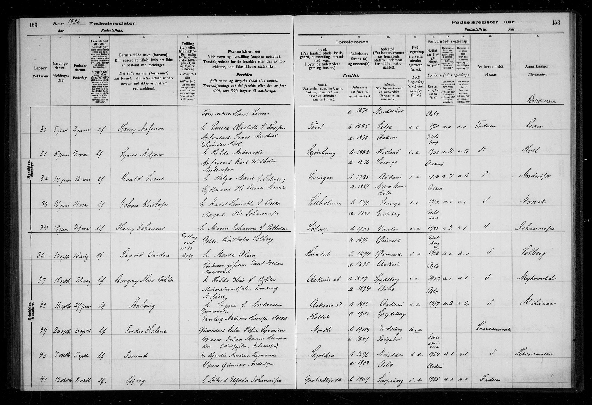 Askim prestekontor Kirkebøker, AV/SAO-A-10900/J/Ja/L0001: Birth register no. 1, 1916-1929, p. 153