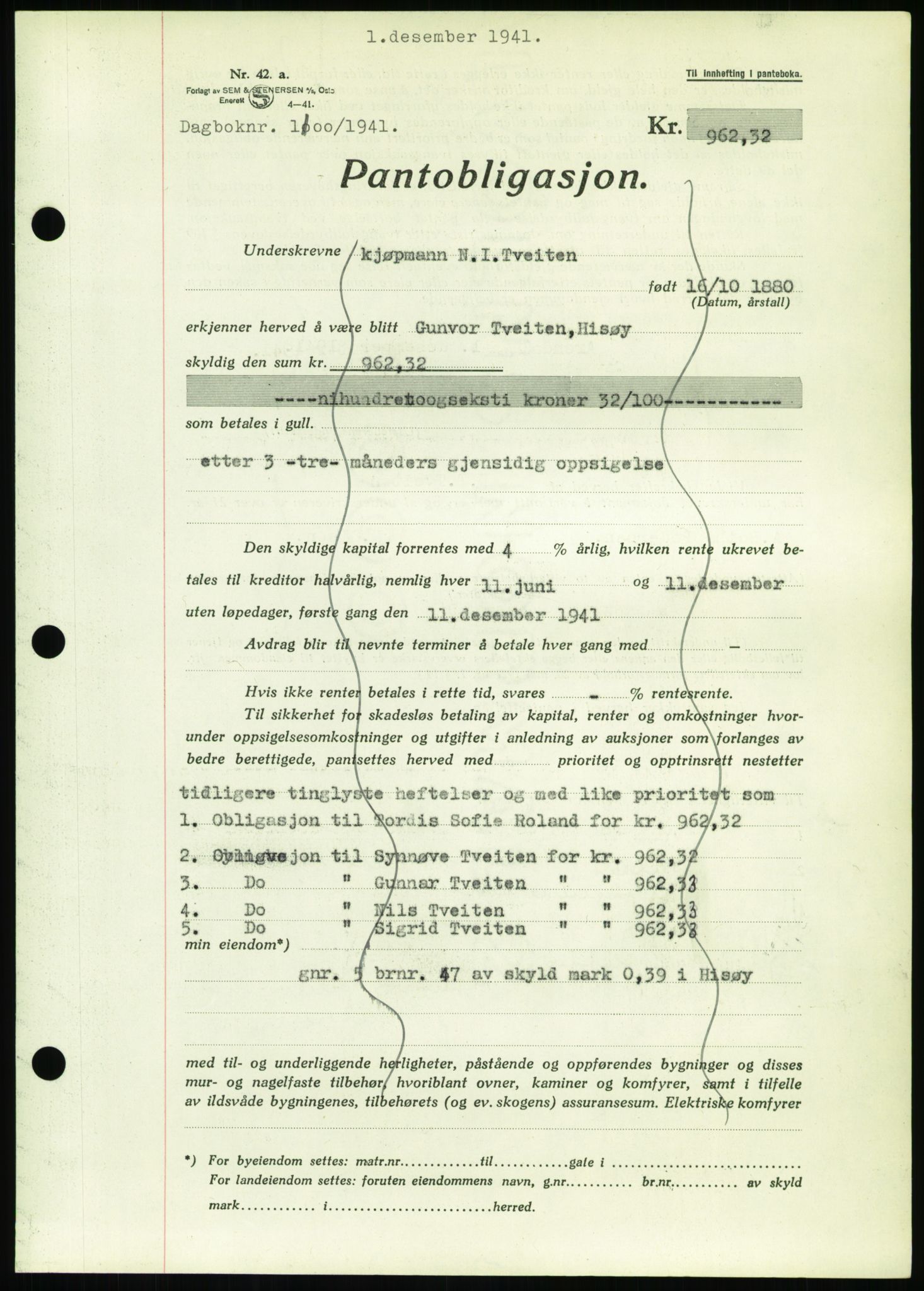 Nedenes sorenskriveri, AV/SAK-1221-0006/G/Gb/Gbb/L0001: Mortgage book no. I, 1939-1942, Diary no: : 1100/1941