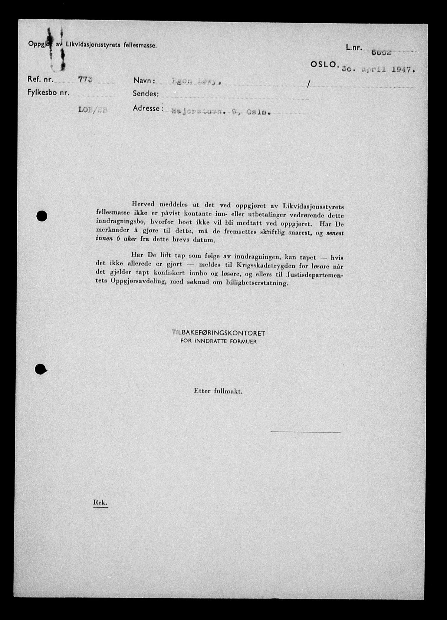 Justisdepartementet, Tilbakeføringskontoret for inndratte formuer, AV/RA-S-1564/H/Hc/Hcc/L0961: --, 1945-1947, p. 320