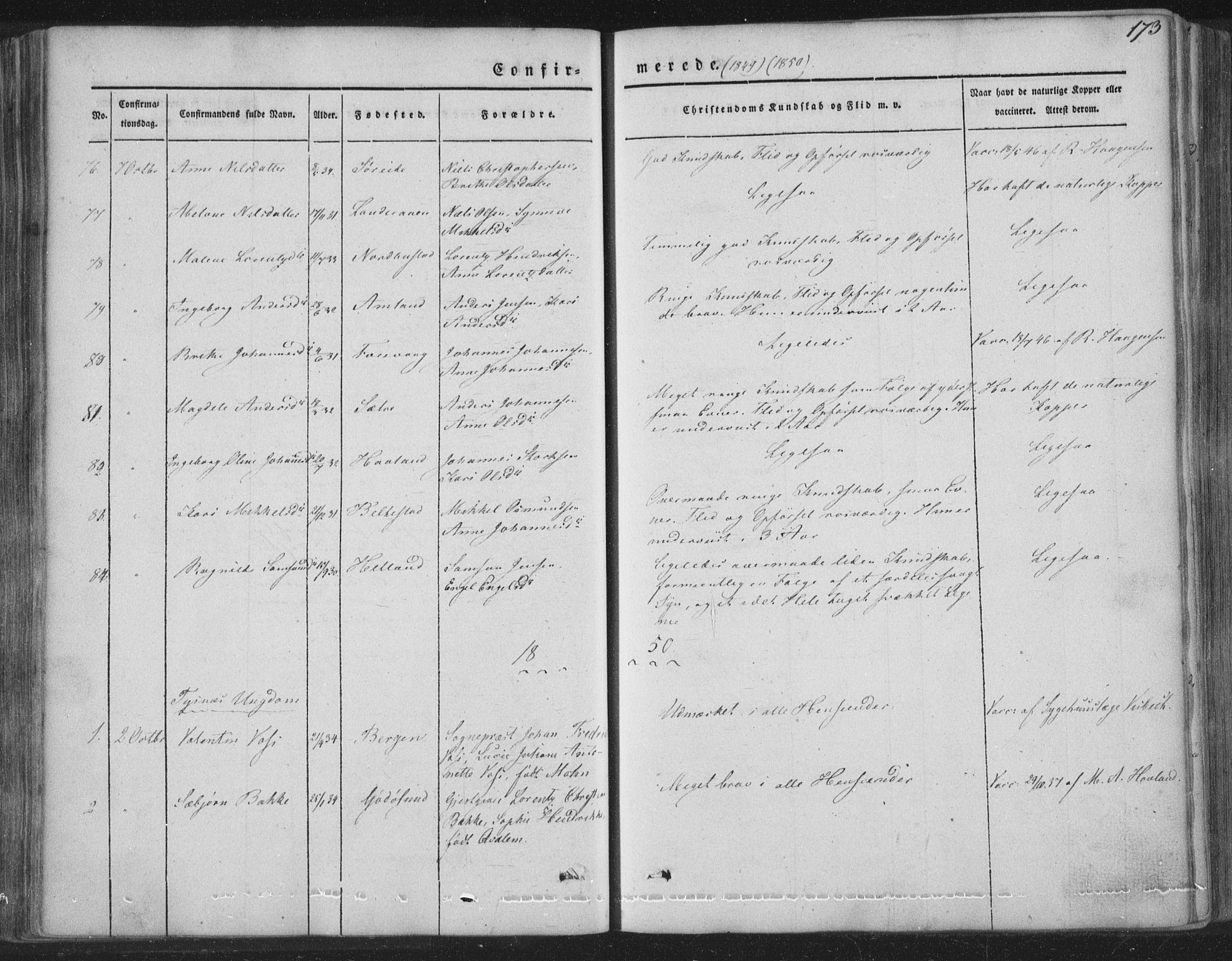 Tysnes sokneprestembete, AV/SAB-A-78601/H/Haa: Parish register (official) no. A 10, 1848-1859, p. 173