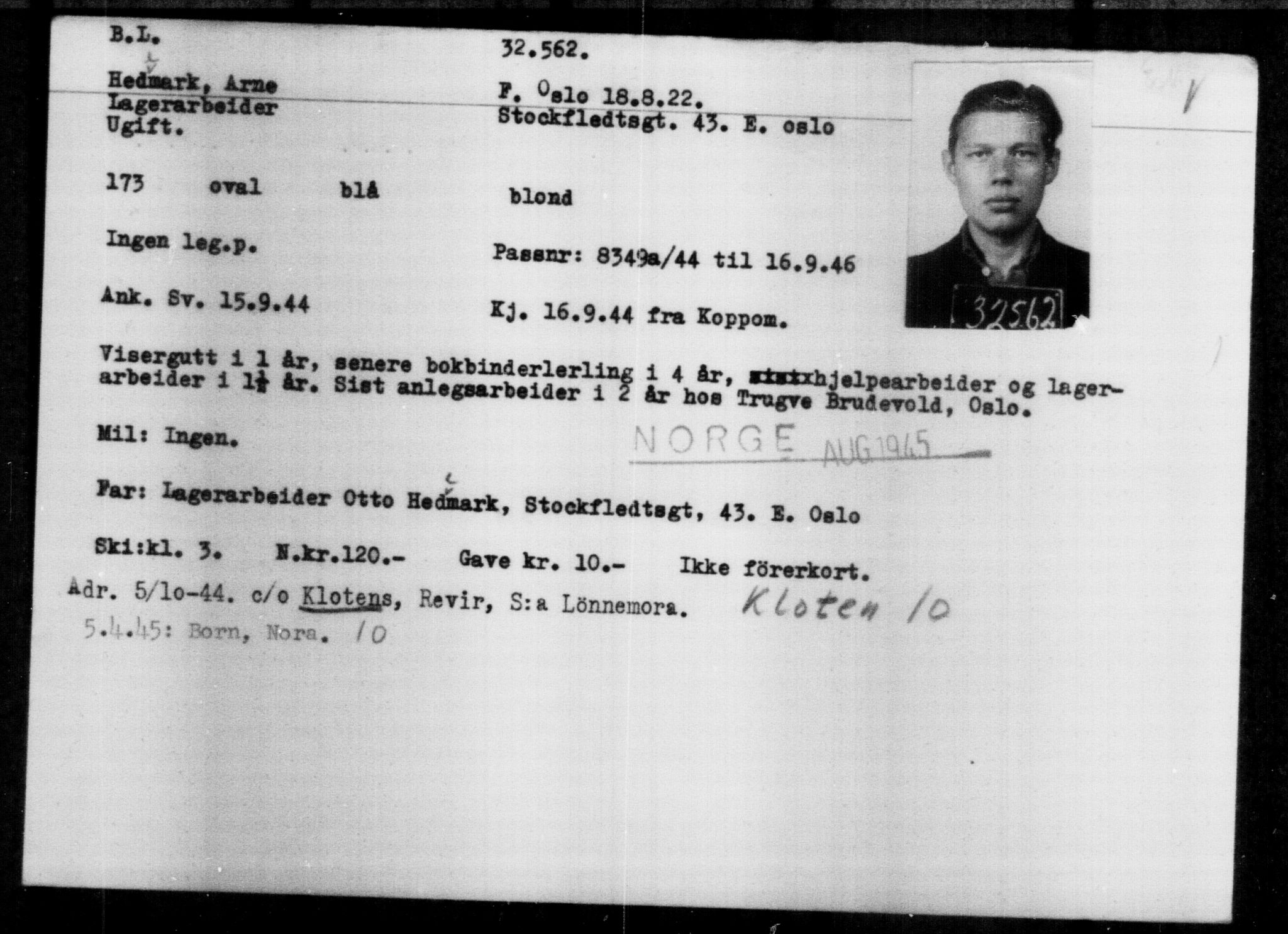 Utenriksstasjonene, Legasjonen i Stockholm, Flyktningkontoret, AV/RA-S-6753/V/Va/L0013: Kjesäterkartoteket, flyktninger med registreringsnr. 31500-34731, 1940-1945, p. 1120