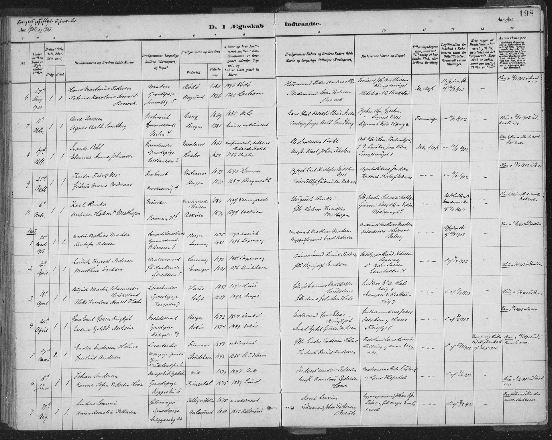 Domkirken sokneprestembete, SAB/A-74801/H/Hab/L0032: Parish register (copy) no. D 4, 1880-1907, p. 198