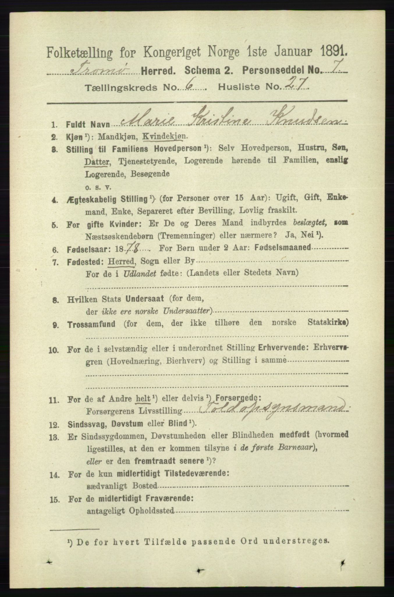 RA, 1891 census for 0921 Tromøy, 1891, p. 3025