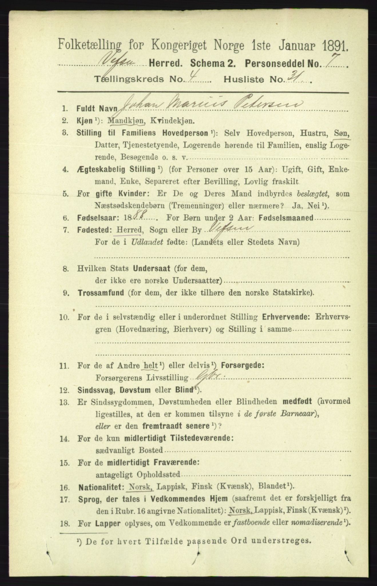 RA, 1891 census for 1824 Vefsn, 1891, p. 1843