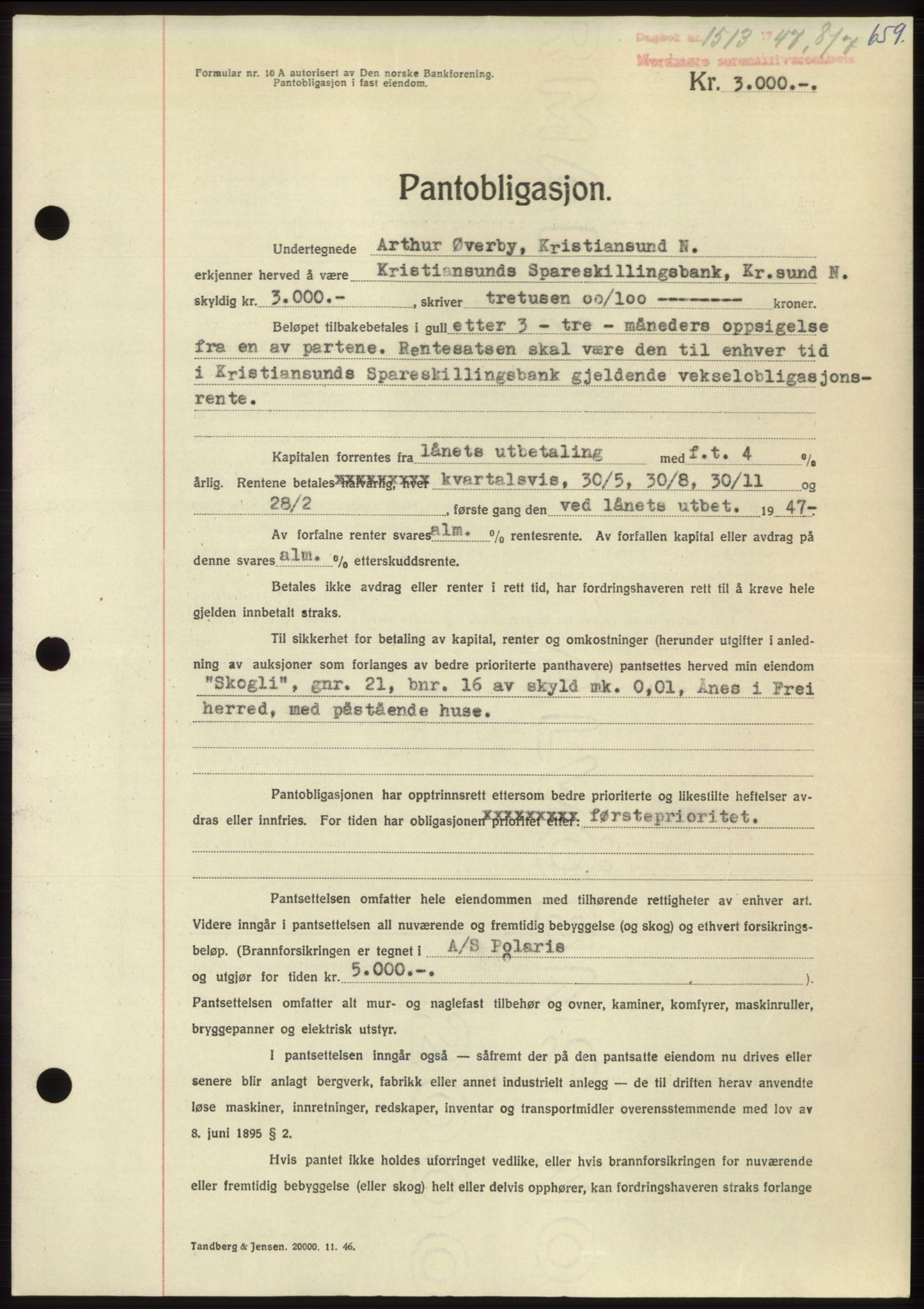 Nordmøre sorenskriveri, AV/SAT-A-4132/1/2/2Ca: Mortgage book no. B96, 1947-1947, Diary no: : 1513/1947