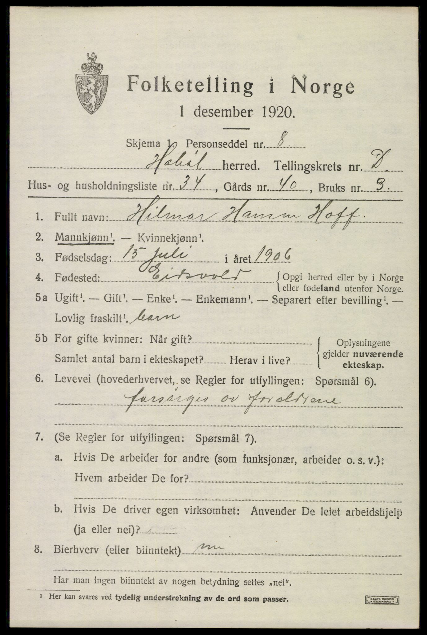SAO, 1920 census for Hobøl, 1920, p. 3264