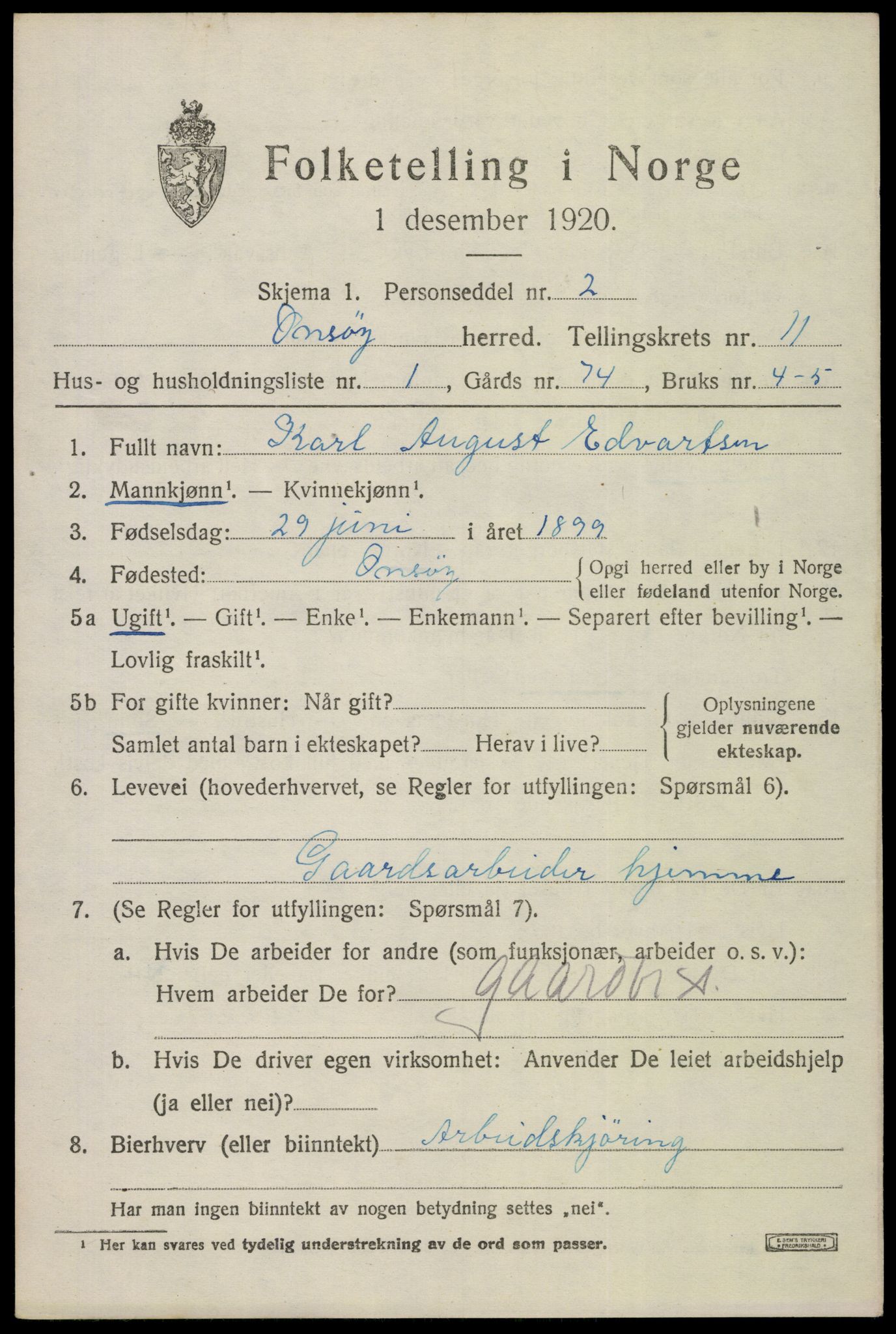 SAO, 1920 census for Onsøy, 1920, p. 14398