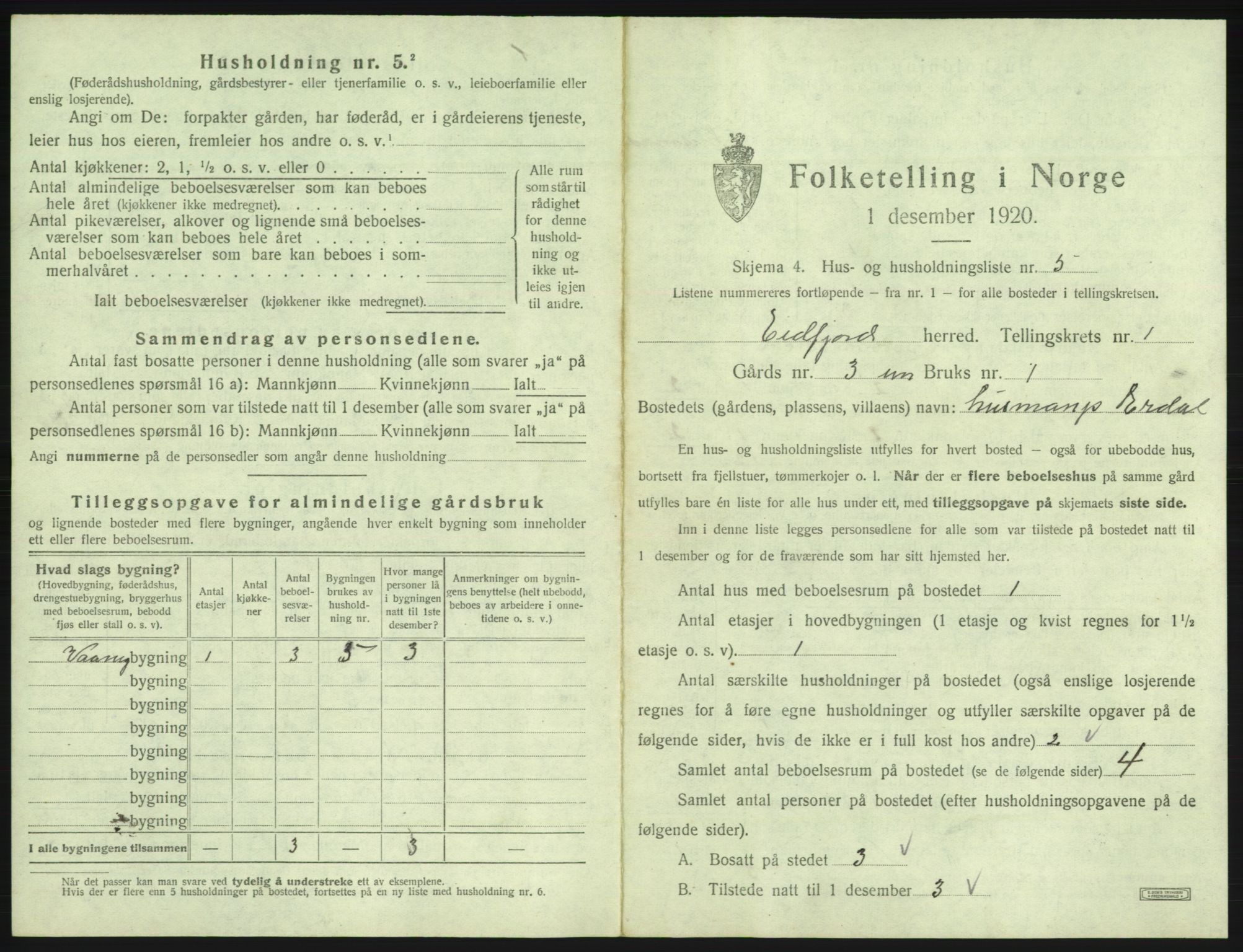 SAB, 1920 census for Eidfjord, 1920, p. 36