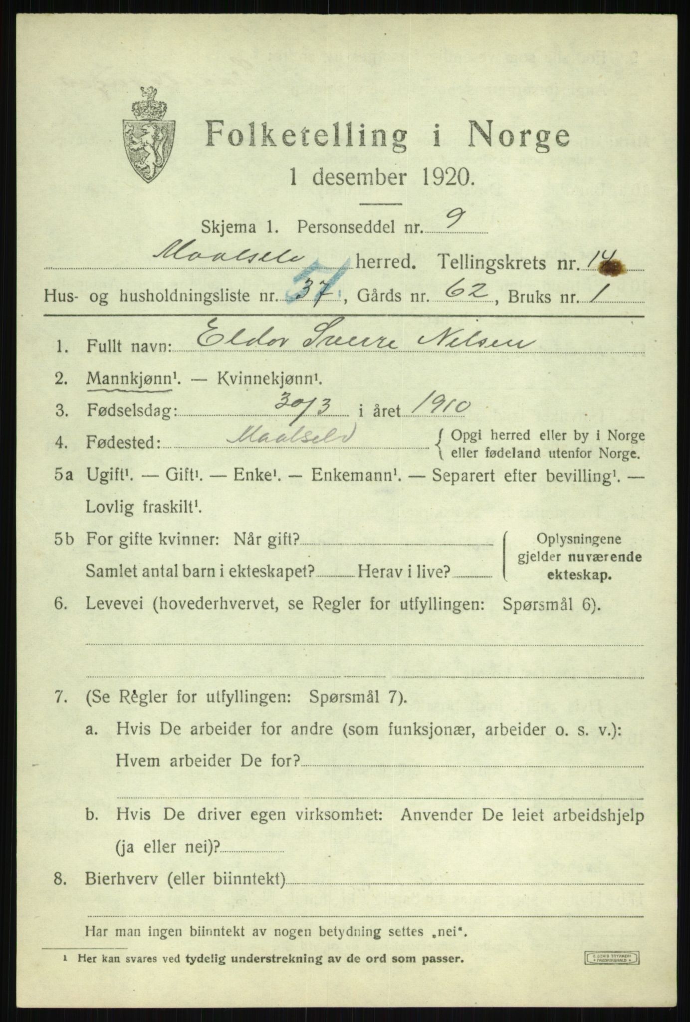SATØ, 1920 census for Målselv, 1920, p. 7607