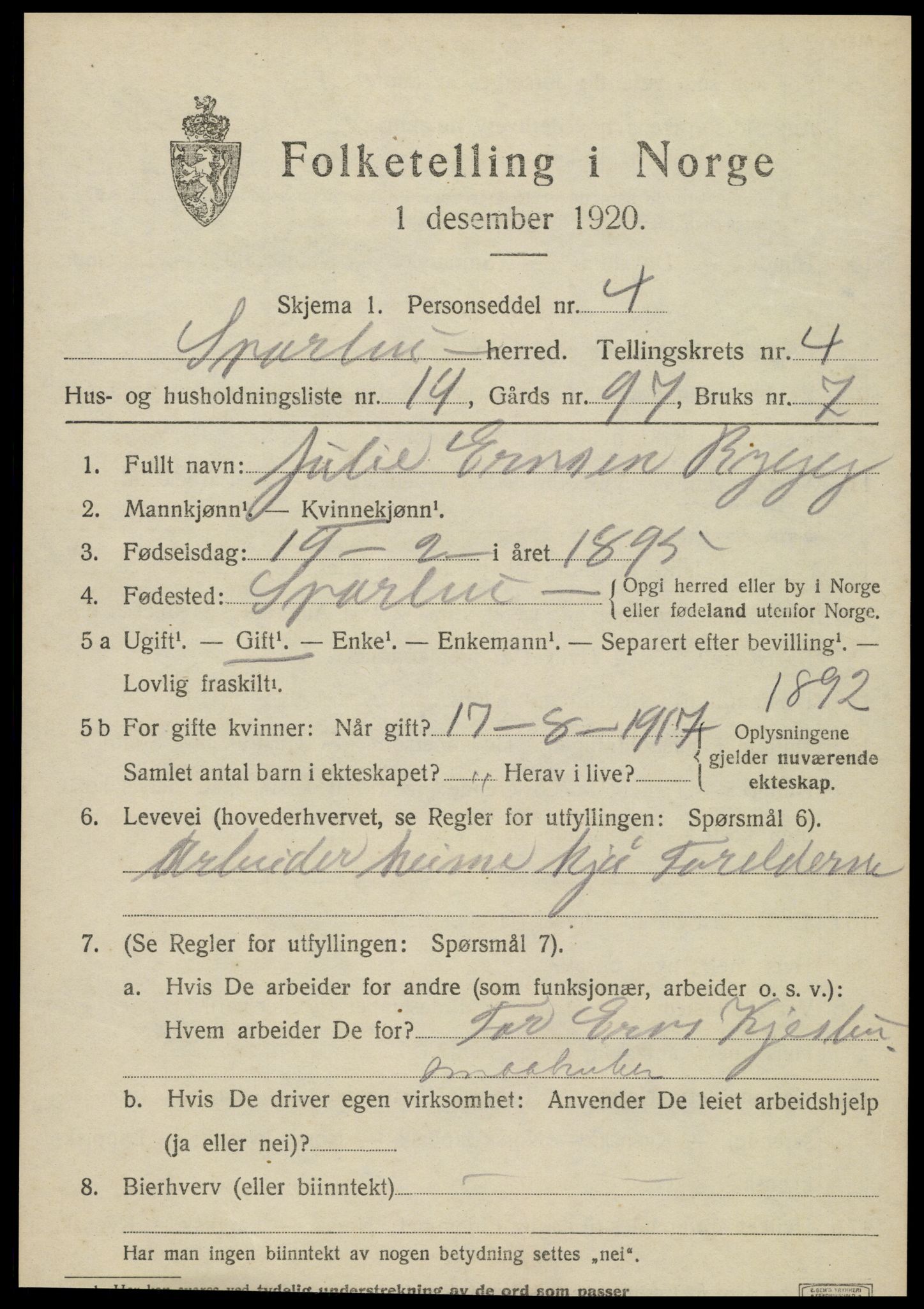 SAT, 1920 census for Sparbu, 1920, p. 5385