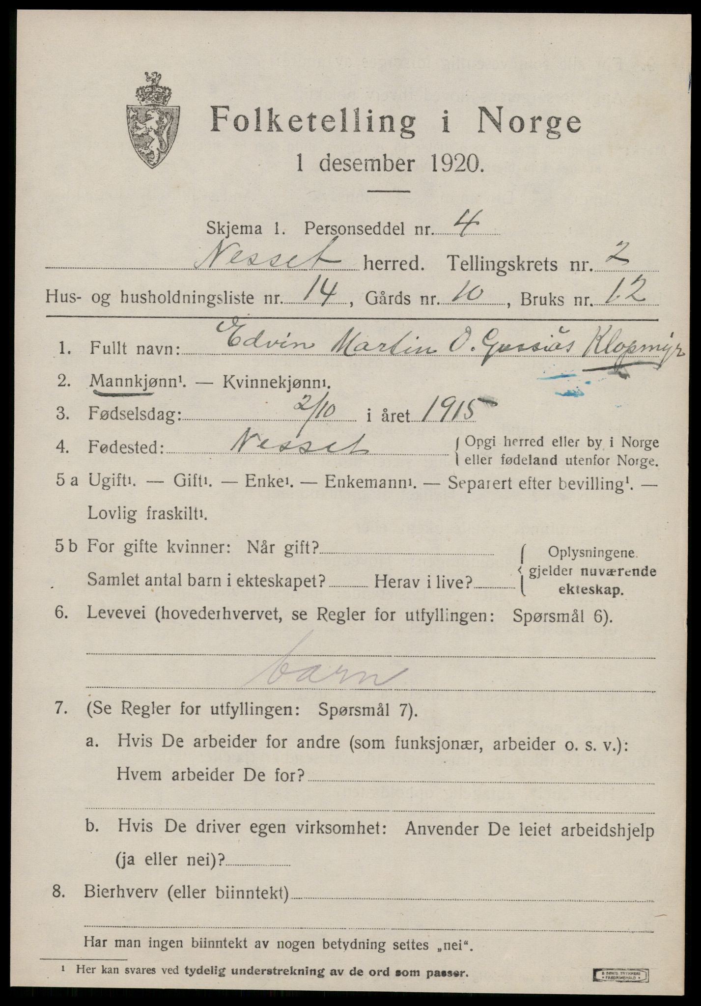 SAT, 1920 census for Nesset, 1920, p. 1190