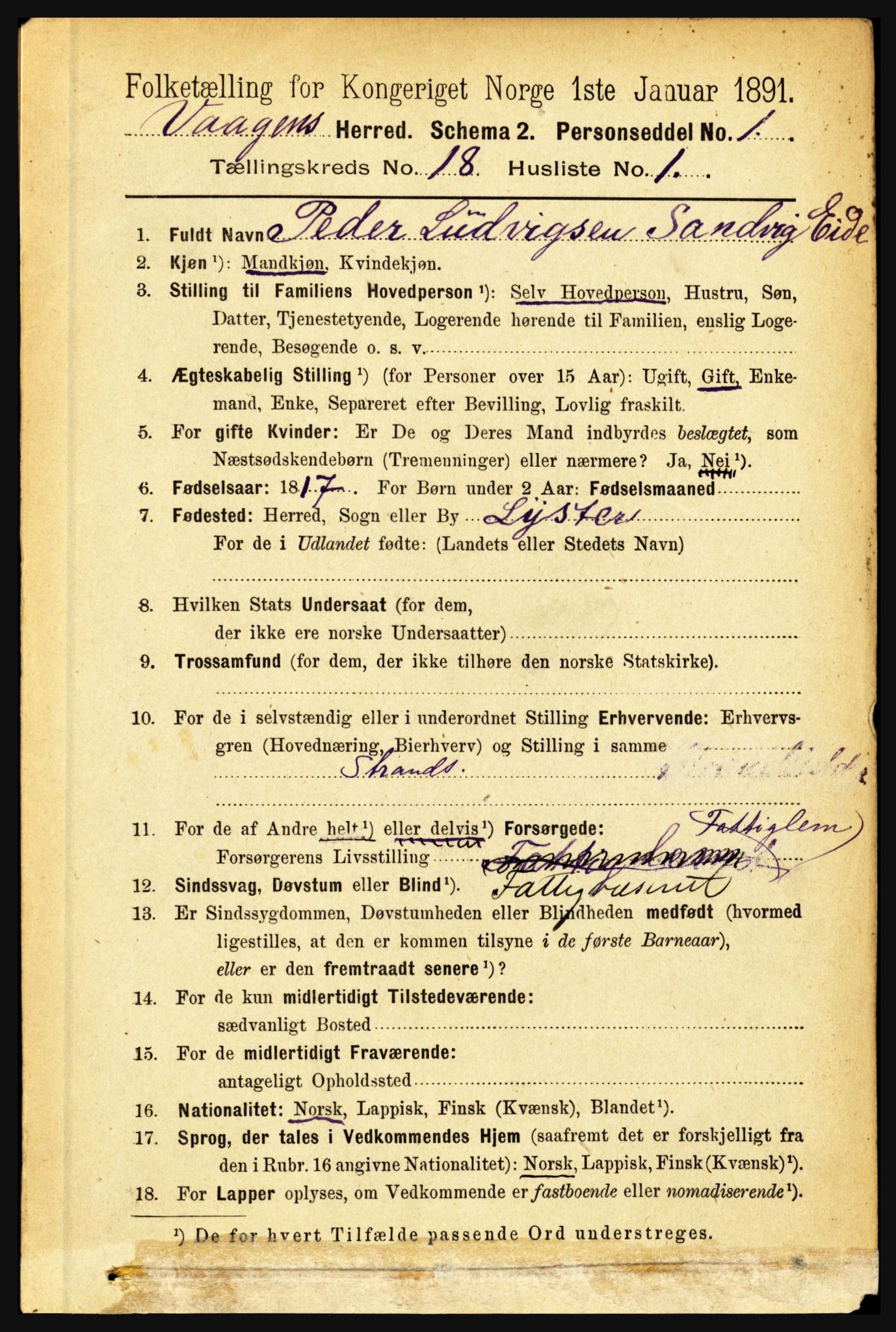 RA, 1891 census for 1865 Vågan, 1891, p. 5123