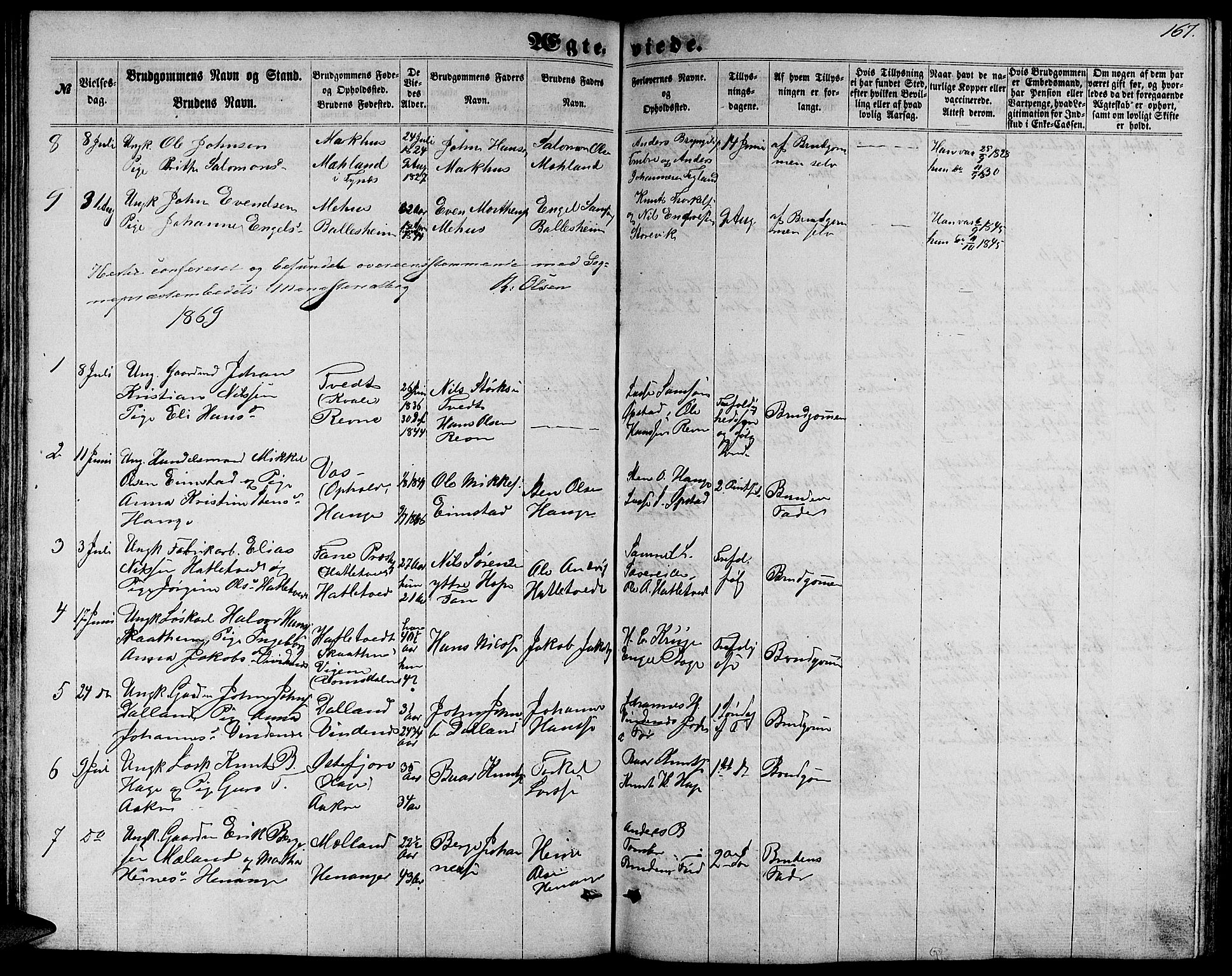 Fusa sokneprestembete, SAB/A-75401/H/Hab: Parish register (copy) no. C 1, 1861-1885, p. 167