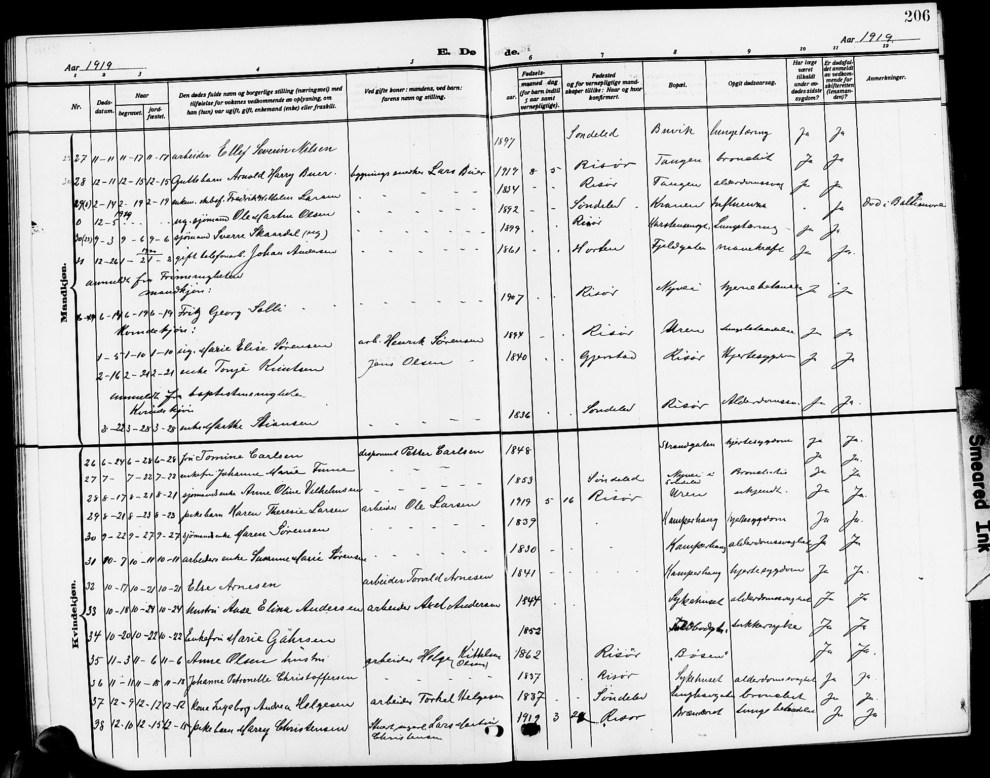 Risør sokneprestkontor, SAK/1111-0035/F/Fb/L0008: Parish register (copy) no. B 8, 1909-1921, p. 206