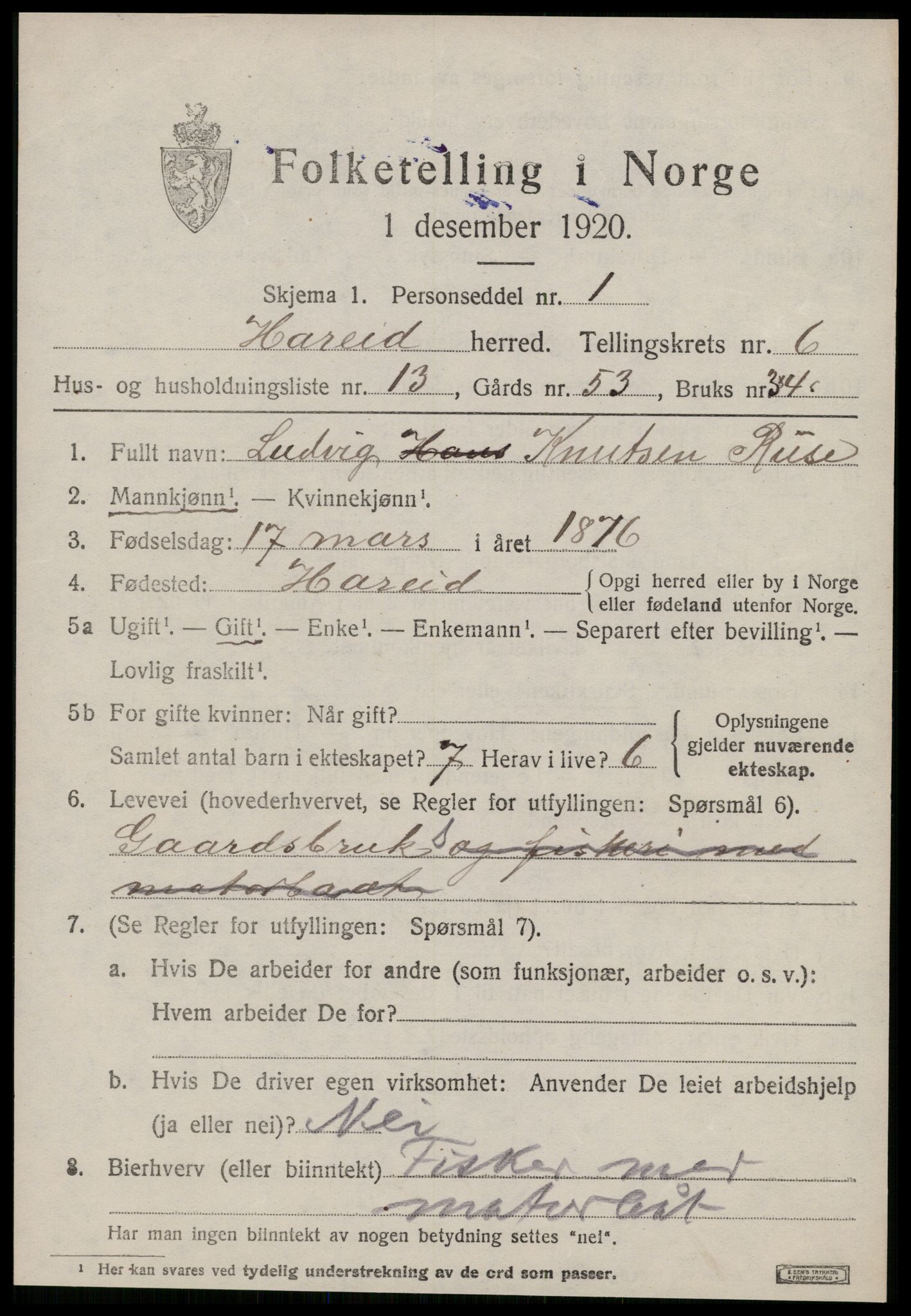 SAT, 1920 census for Hareid, 1920, p. 2297