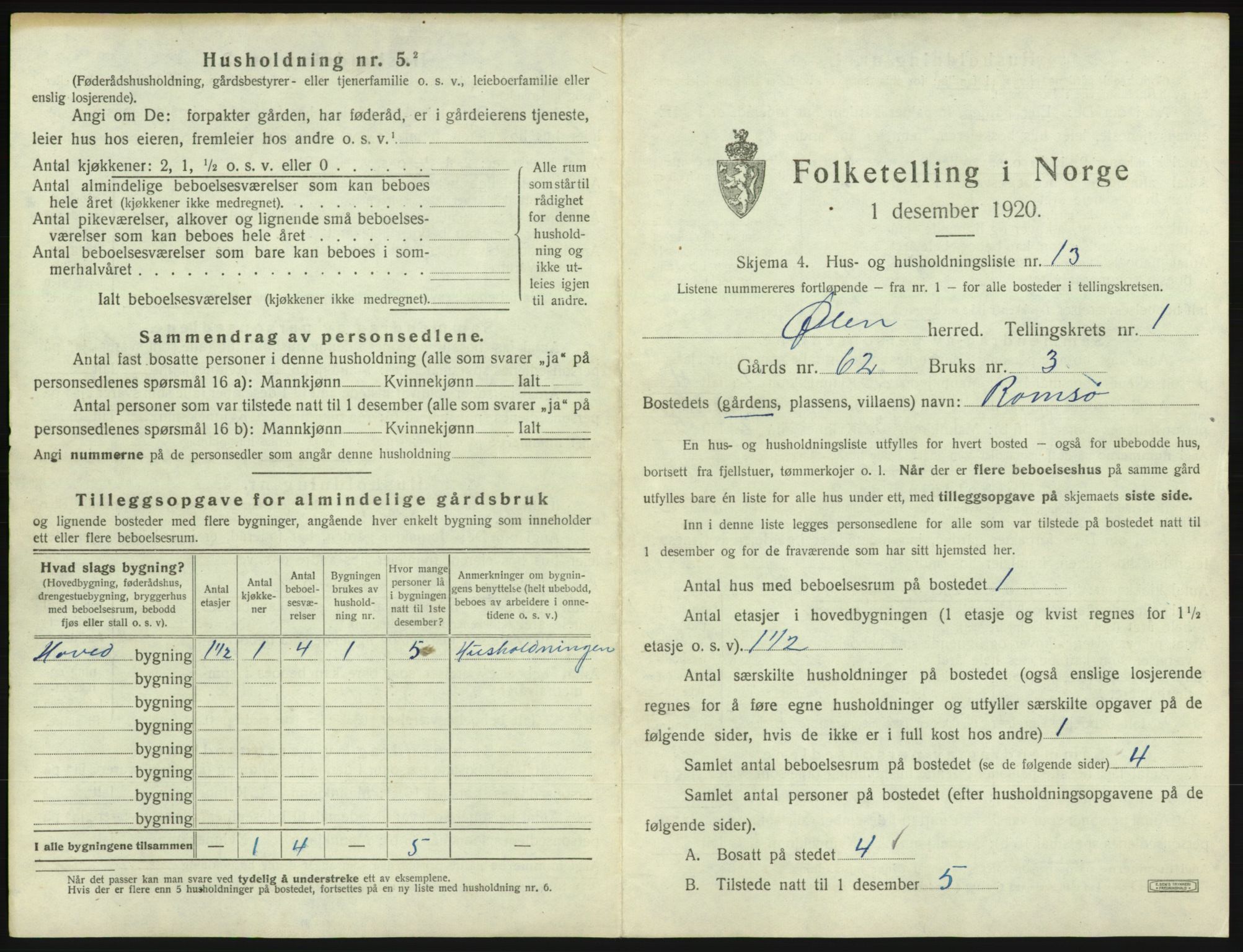 SAB, 1920 census for Ølen, 1920, p. 59