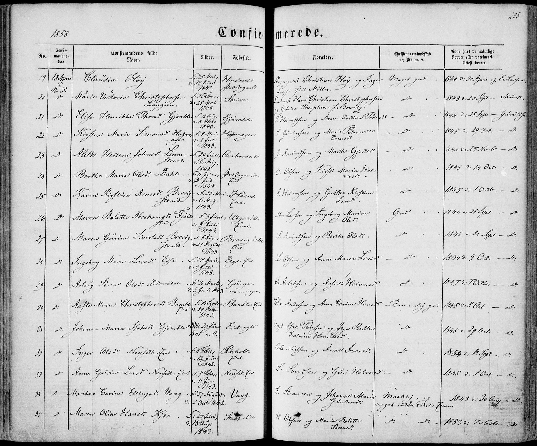 Bamble kirkebøker, SAKO/A-253/F/Fa/L0005: Parish register (official) no. I 5, 1854-1869, p. 225