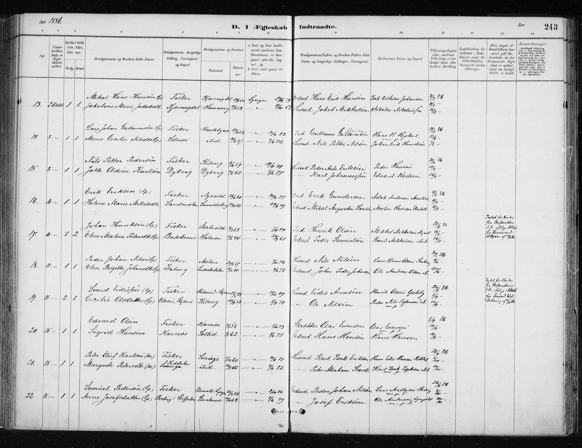 Lyngen sokneprestembete, AV/SATØ-S-1289/H/He/Hea/L0007kirke: Parish register (official) no. 7, 1879-1890, p. 243