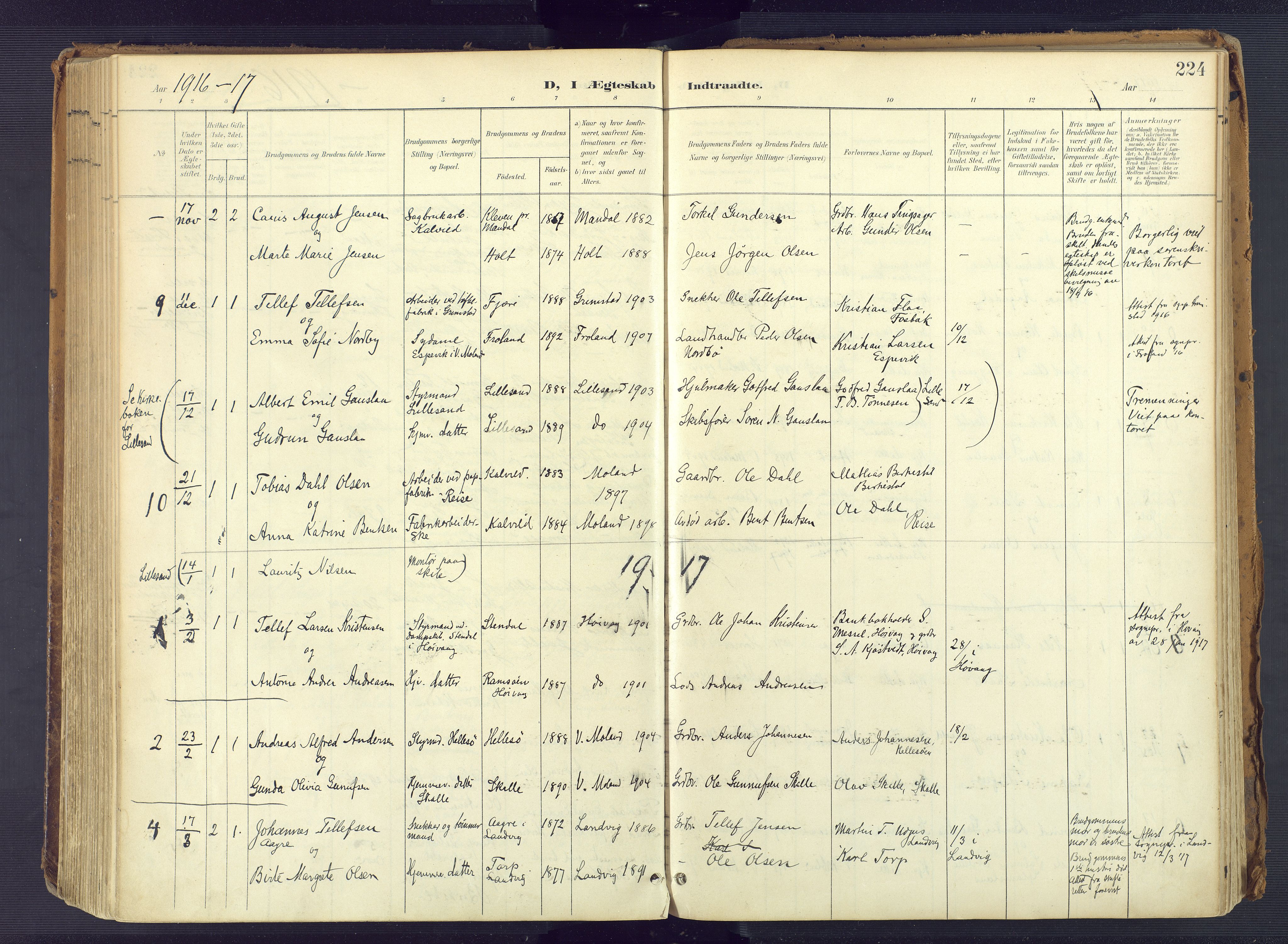 Vestre Moland sokneprestkontor, SAK/1111-0046/F/Fa/Fab/L0010: Parish register (official) no. A 10, 1900-1926, p. 224