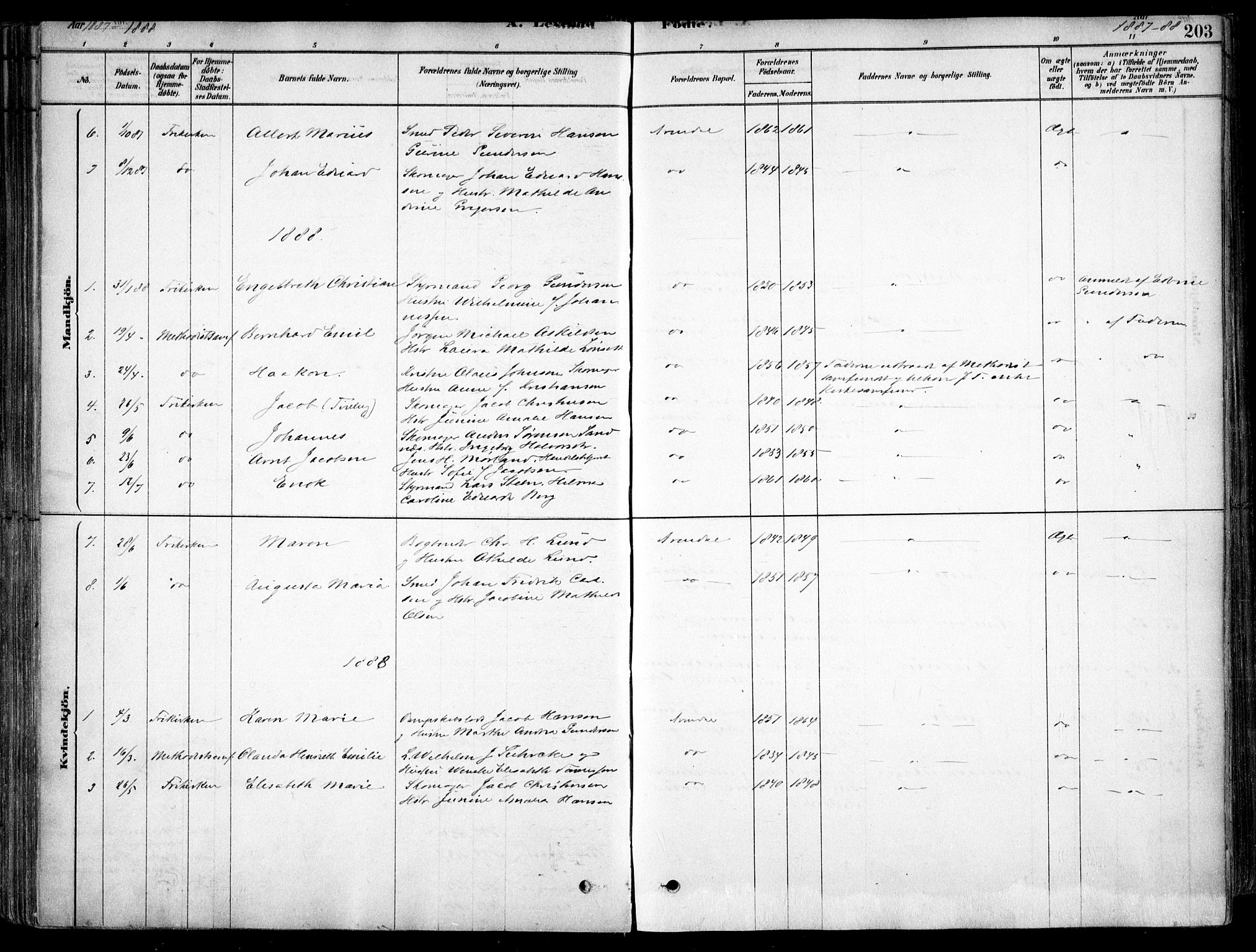 Arendal sokneprestkontor, Trefoldighet, SAK/1111-0040/F/Fa/L0008: Parish register (official) no. A 8, 1878-1899, p. 203