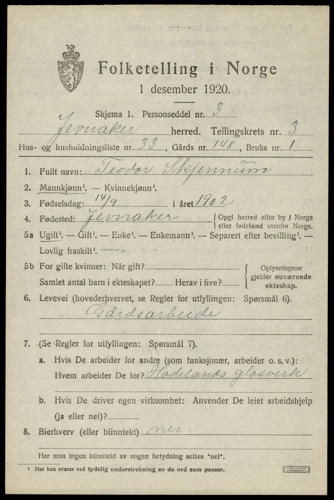 SAH, 1920 census for Jevnaker, 1920, p. 6383