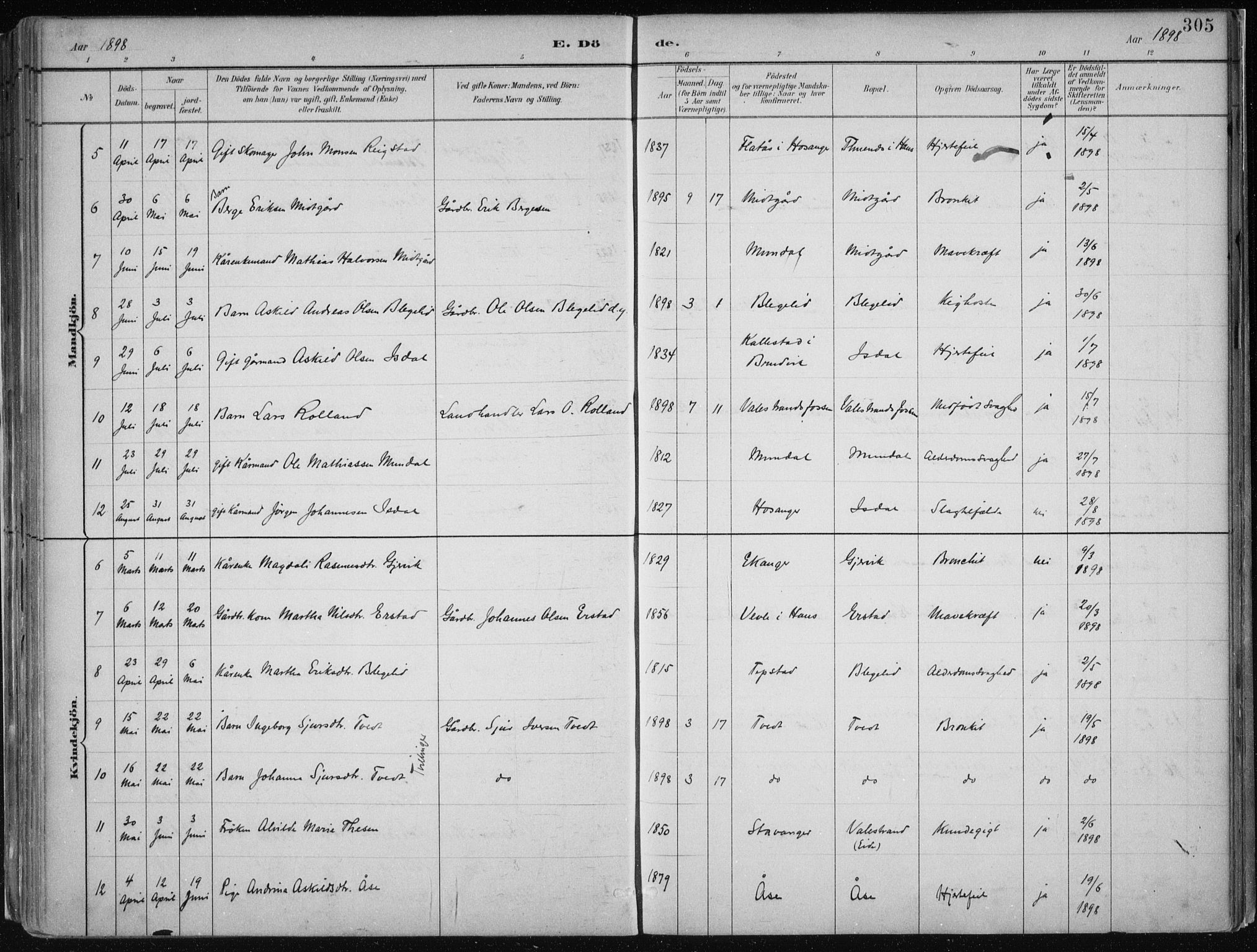 Hamre sokneprestembete, AV/SAB-A-75501/H/Ha/Haa/Haab/L0001: Parish register (official) no. B  1, 1882-1905, p. 305