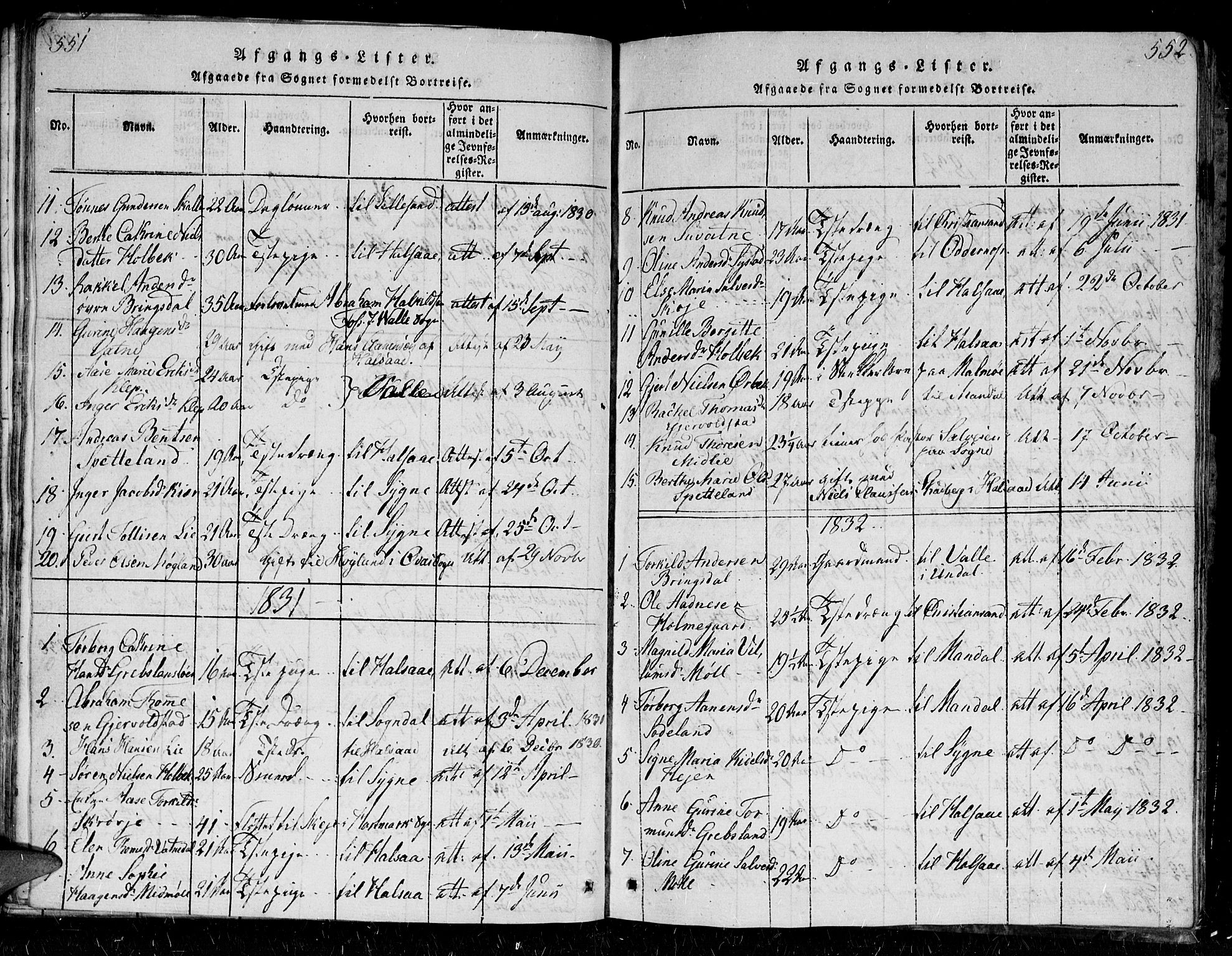 Holum sokneprestkontor, SAK/1111-0022/F/Fb/Fba/L0002: Parish register (copy) no. B 2, 1820-1849, p. 551-552