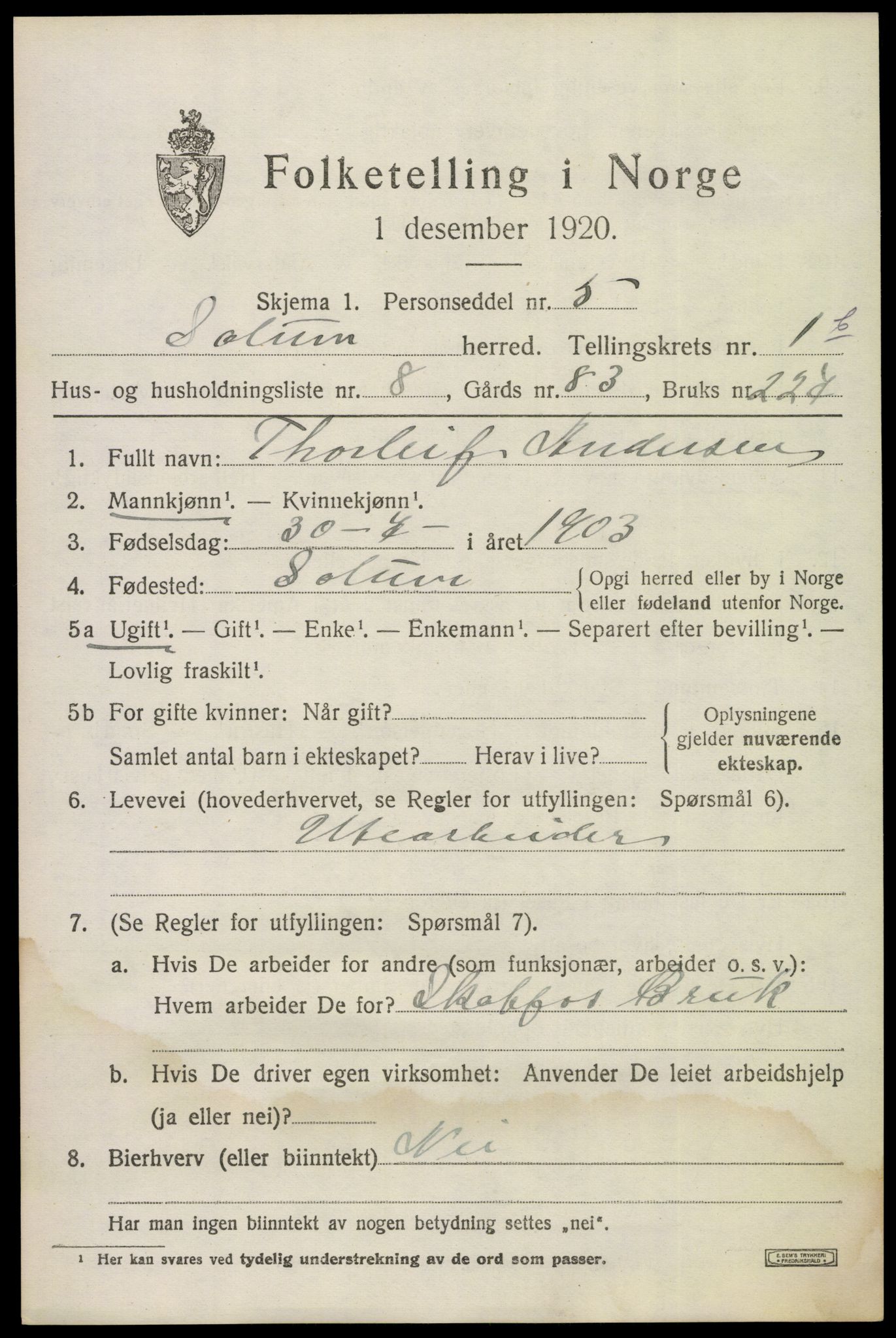 SAKO, 1920 census for Solum, 1920, p. 4222