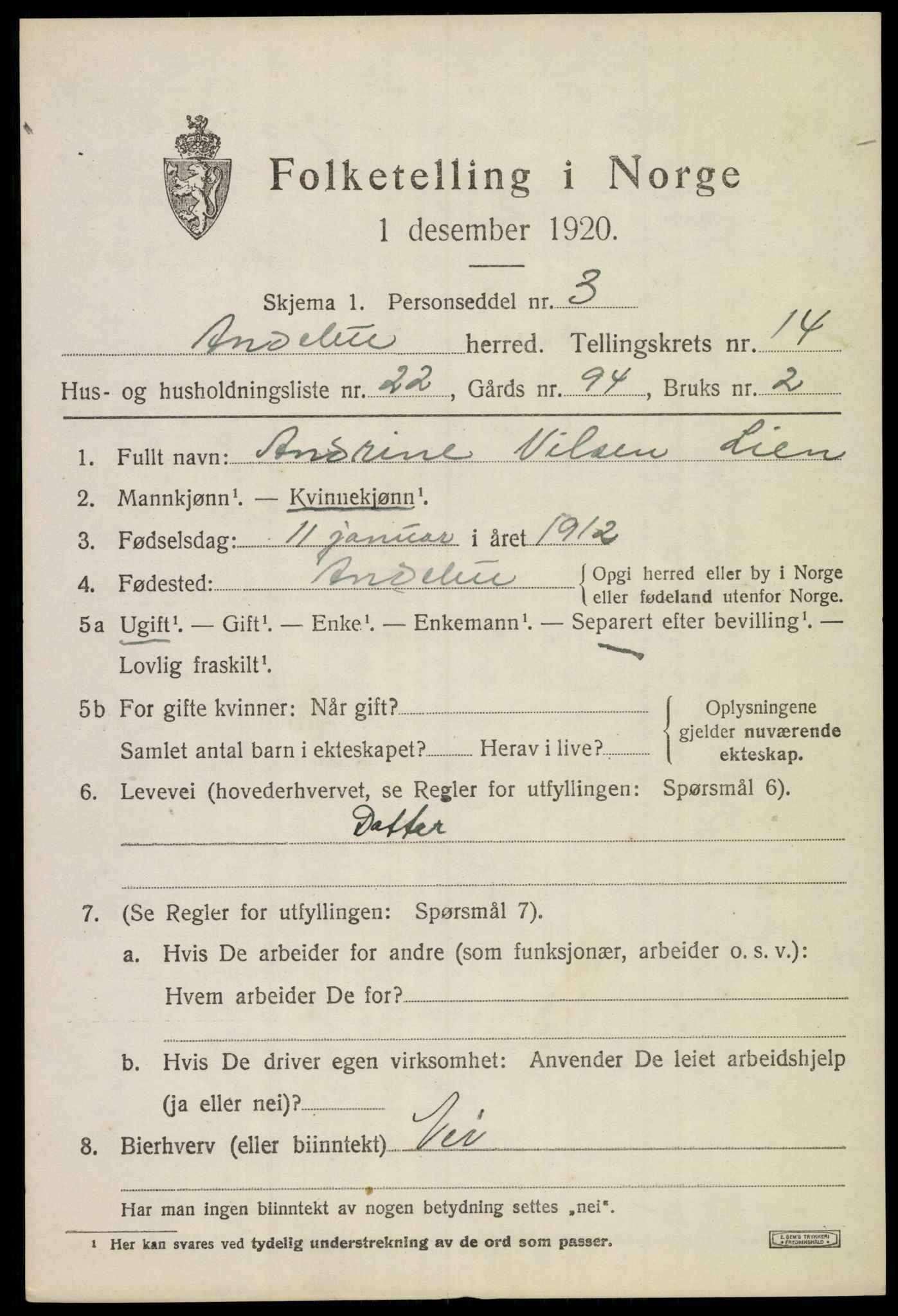 SAKO, 1920 census for Andebu, 1920, p. 5314