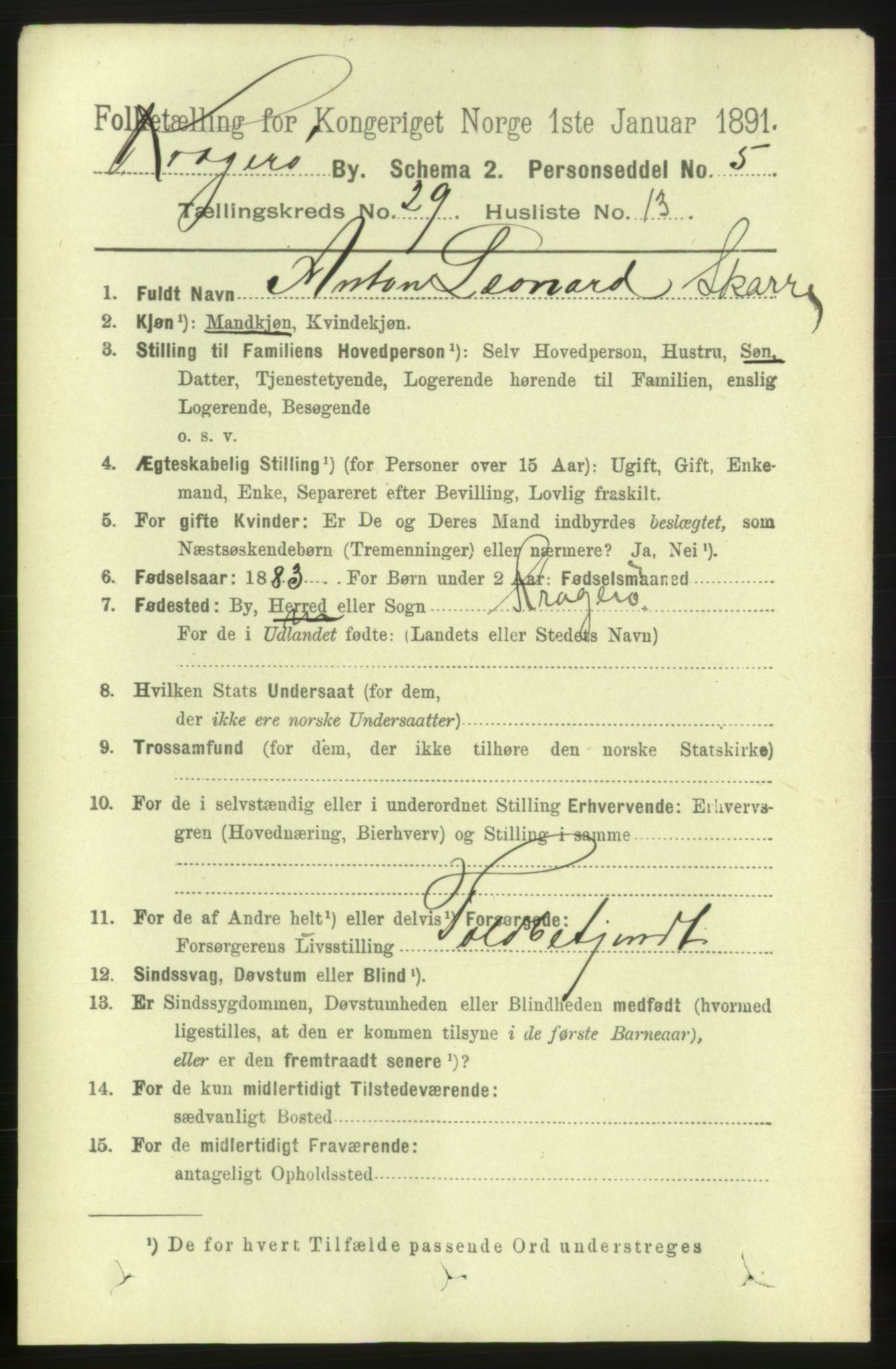 RA, 1891 census for 0801 Kragerø, 1891, p. 5552