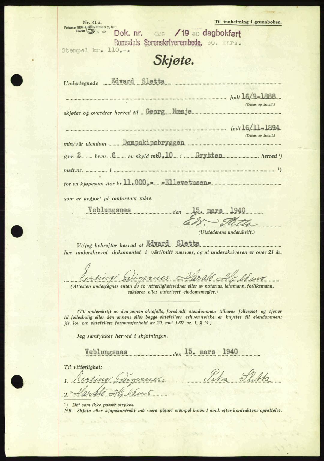 Romsdal sorenskriveri, AV/SAT-A-4149/1/2/2C: Mortgage book no. A8, 1939-1940, Diary no: : 426/1940