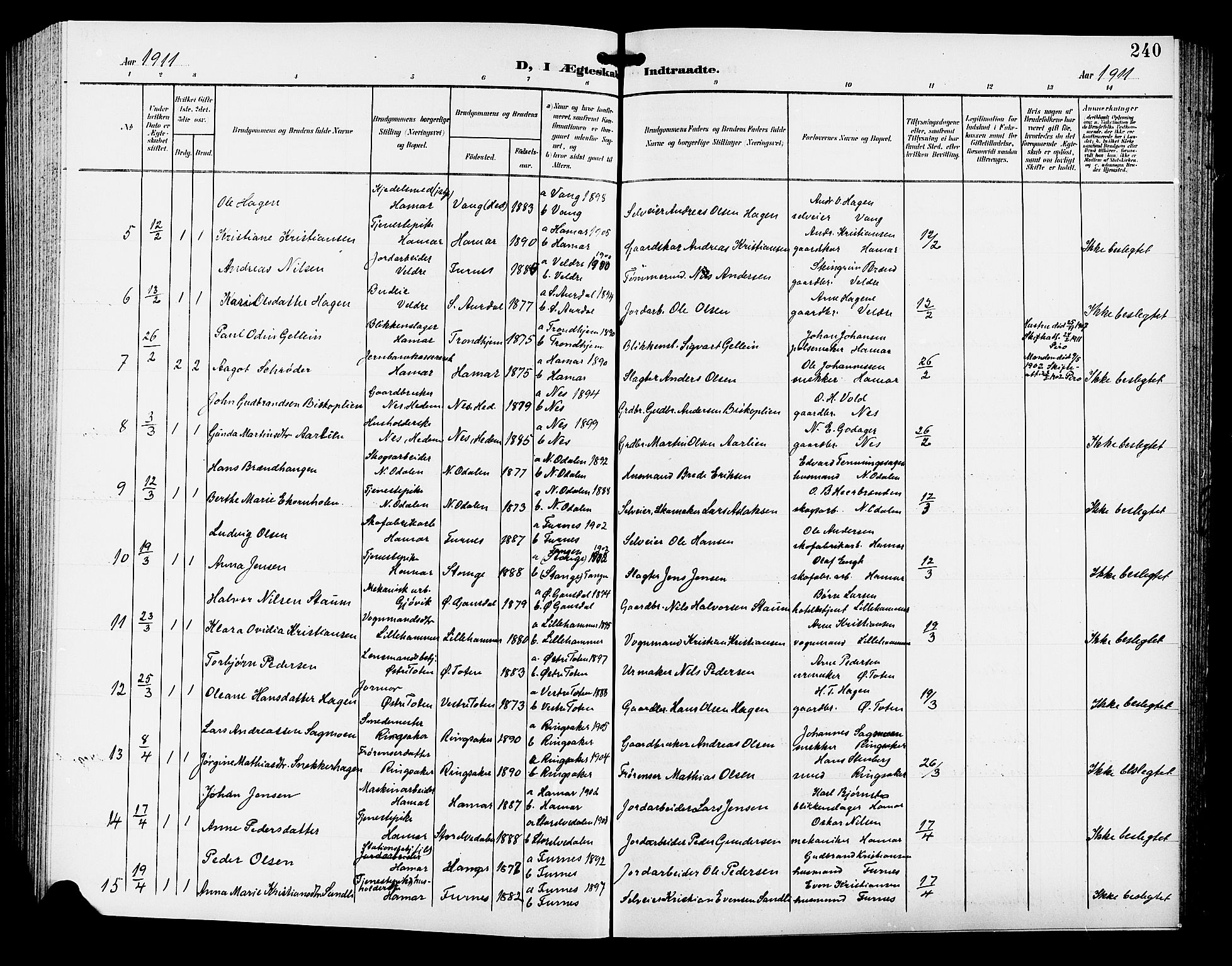 Hamar prestekontor, SAH/DOMPH-002/H/Ha/Hab/L0001: Parish register (copy) no. 1, 1899-1914, p. 240