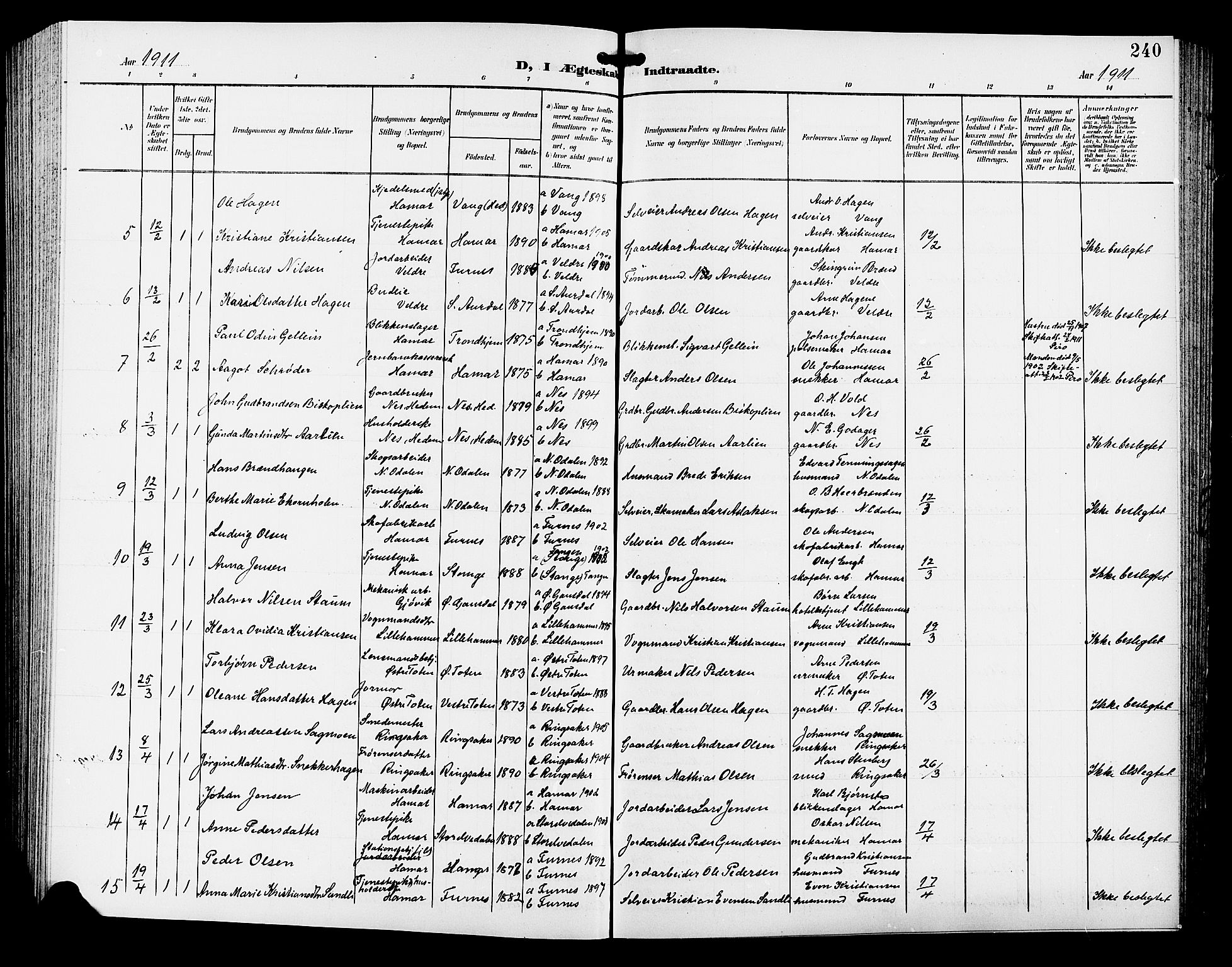 Hamar prestekontor, AV/SAH-DOMPH-002/H/Ha/Hab/L0001: Parish register (copy) no. 1, 1899-1914, p. 240